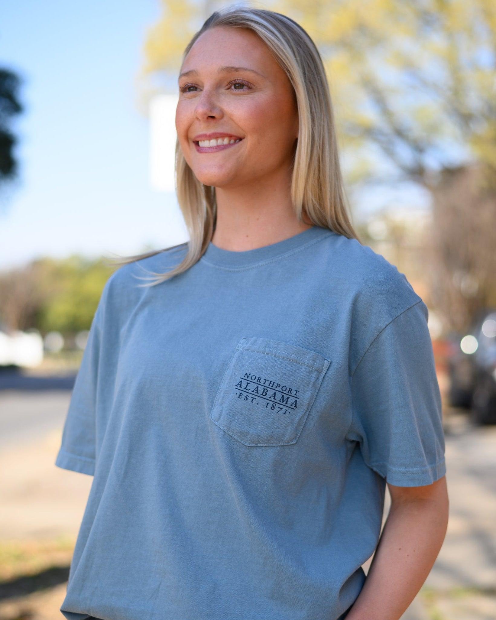 Local Merch Front Pocket Design Featuring Text “Northport Alabama EST 1871”