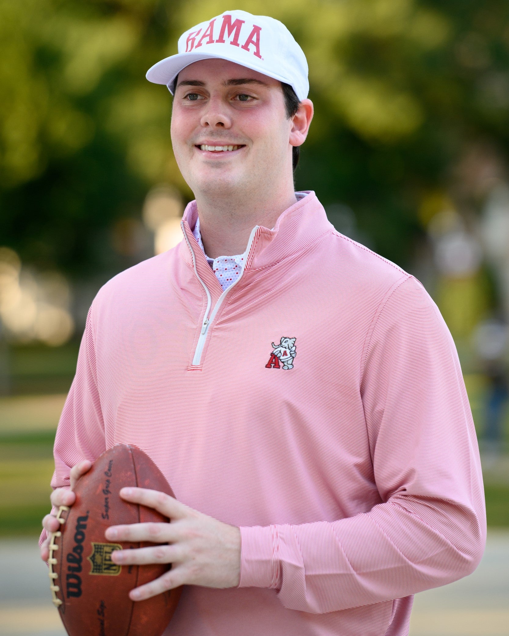 University of Alabama Red Men's Stripe ¼ Zip with an embroidered Big Al leaning on a Red Block A