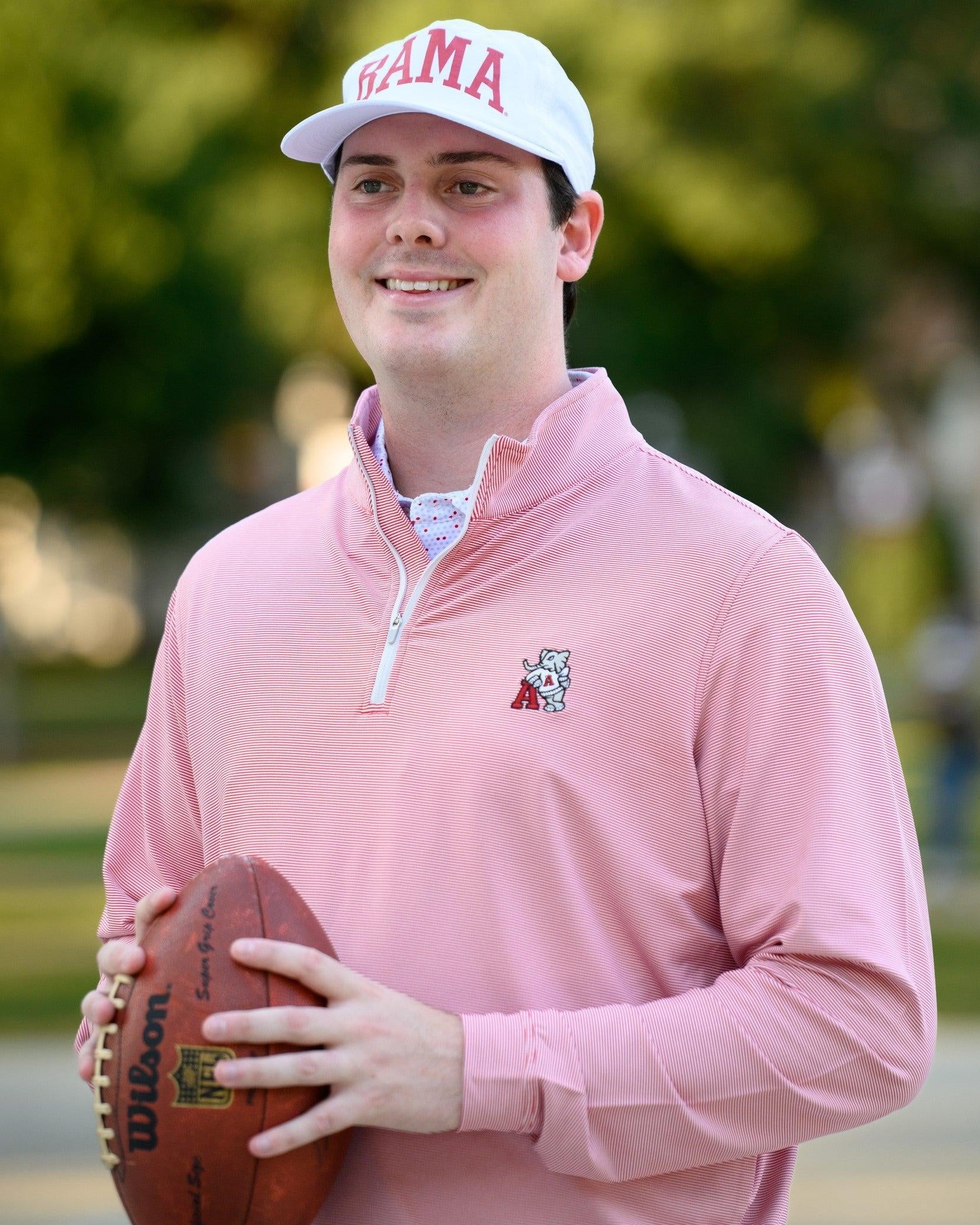 University of Alabama Red Men's Stripe ¼ Zip with an embroidered Big Al leaning on a Red Block A