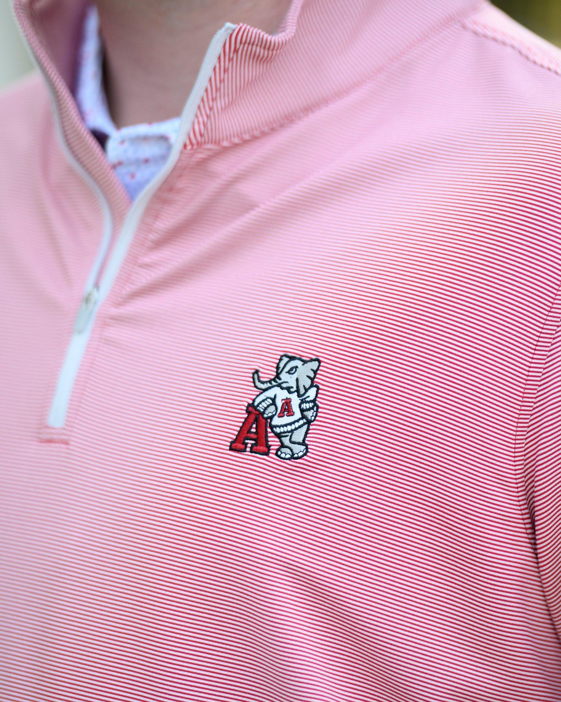 University of Alabama Red Men's Stripe ¼ Zip with an embroidered Big Al leaning on a Red Block A