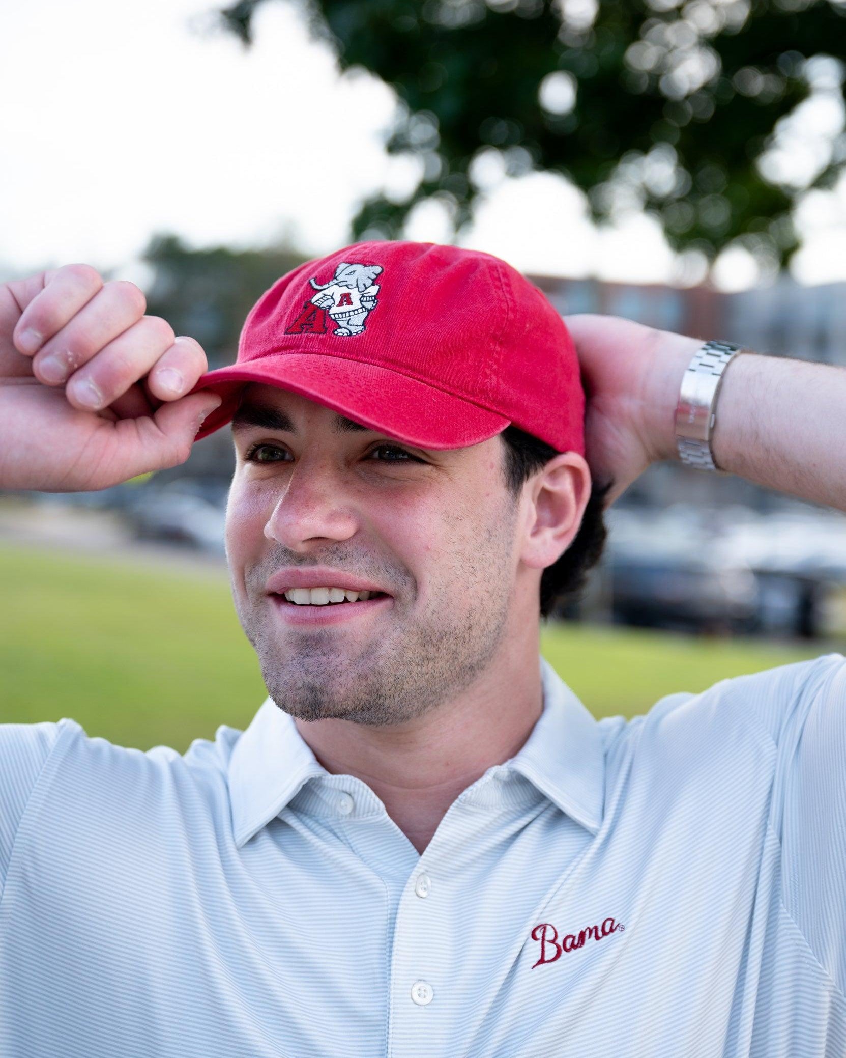 University of Alabama Red Dad Hat with an embroidered Big Al leaning on a Red Block A