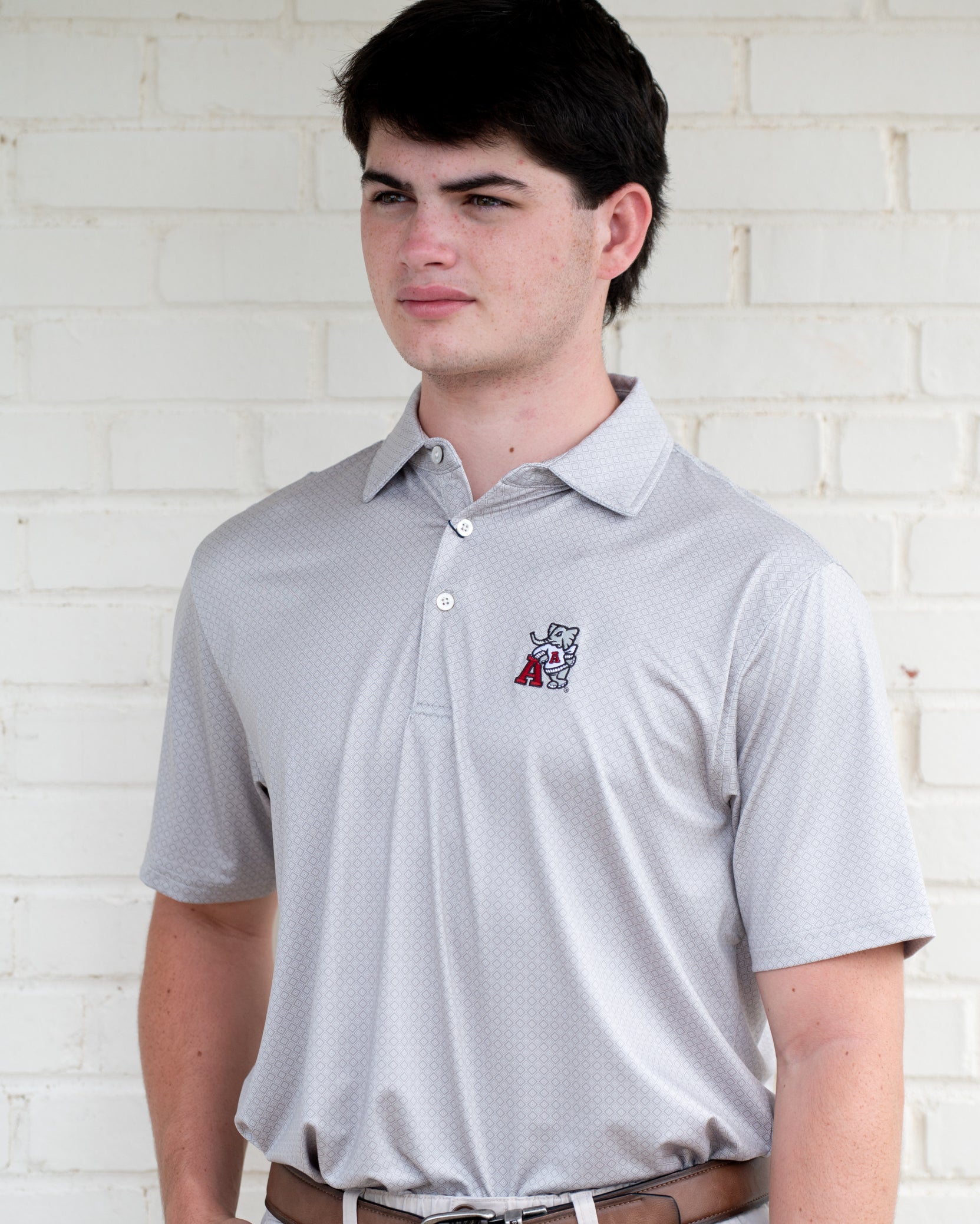 University of Alabama Grey Men's Diamond Polo with Old School Al Logo embroidery