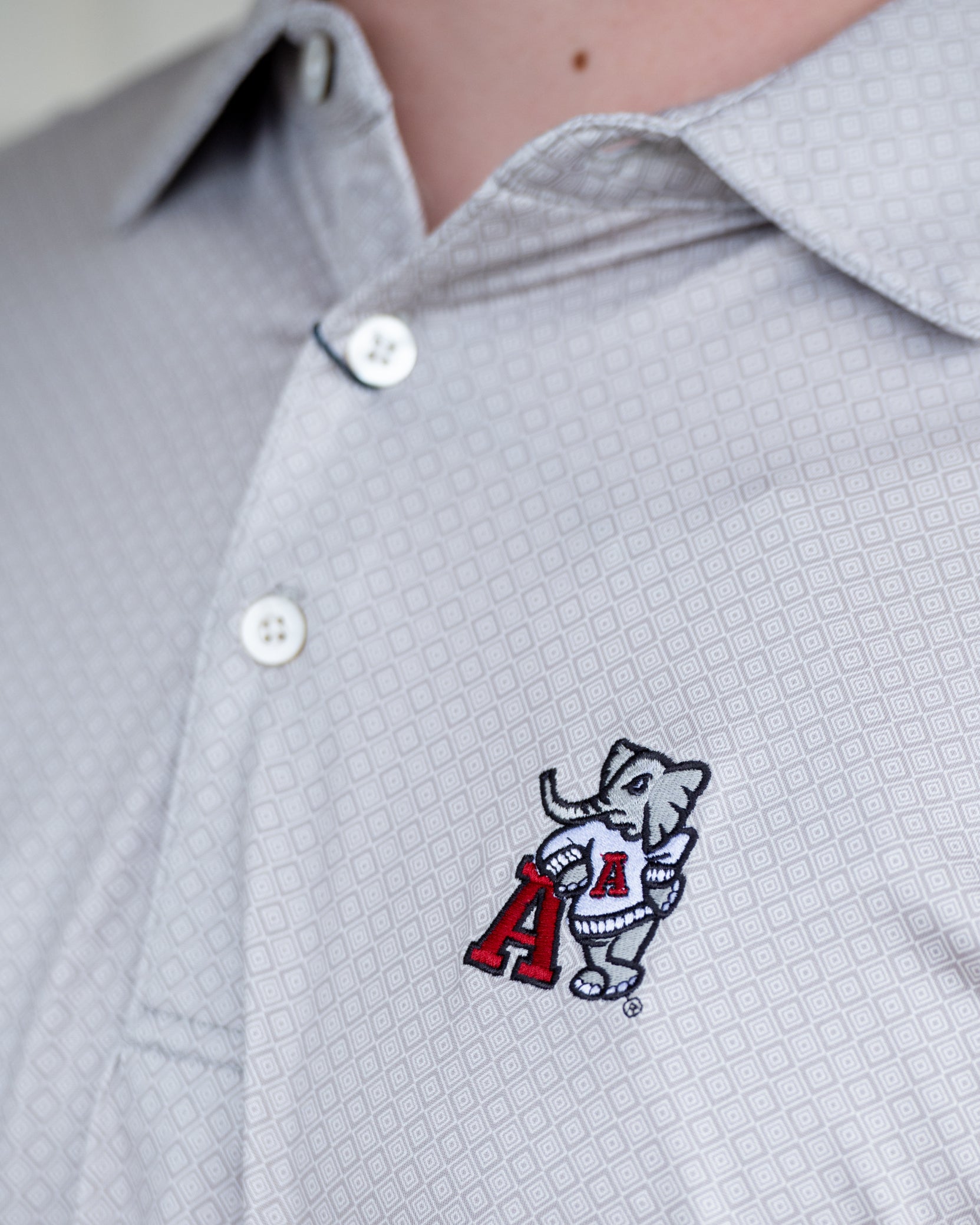 University of Alabama Grey Men's Diamond Polo with Old School Al Logo embroidery