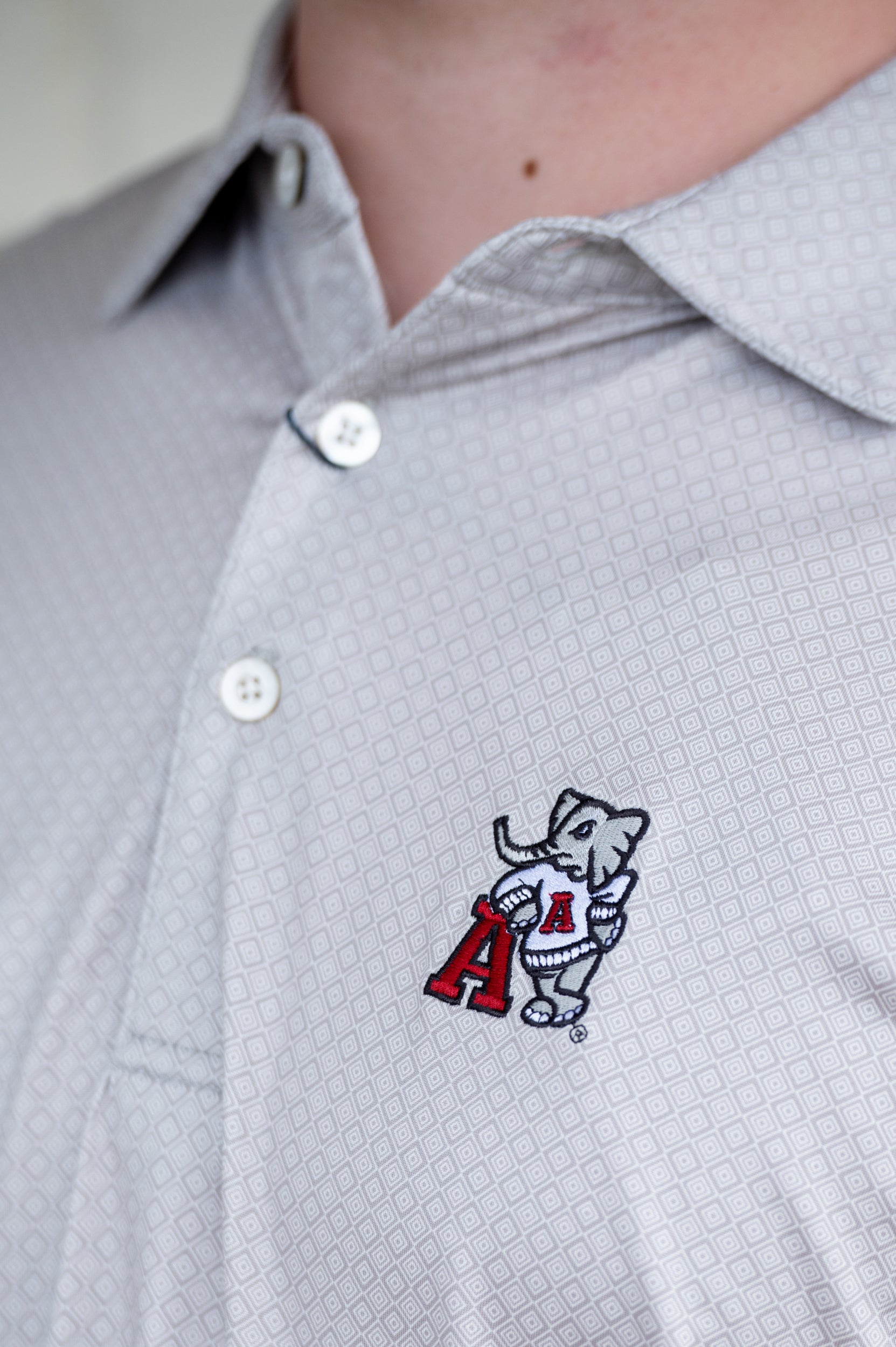 University of Alabama Grey Men's Diamond Polo with Old School Al Logo embroidery