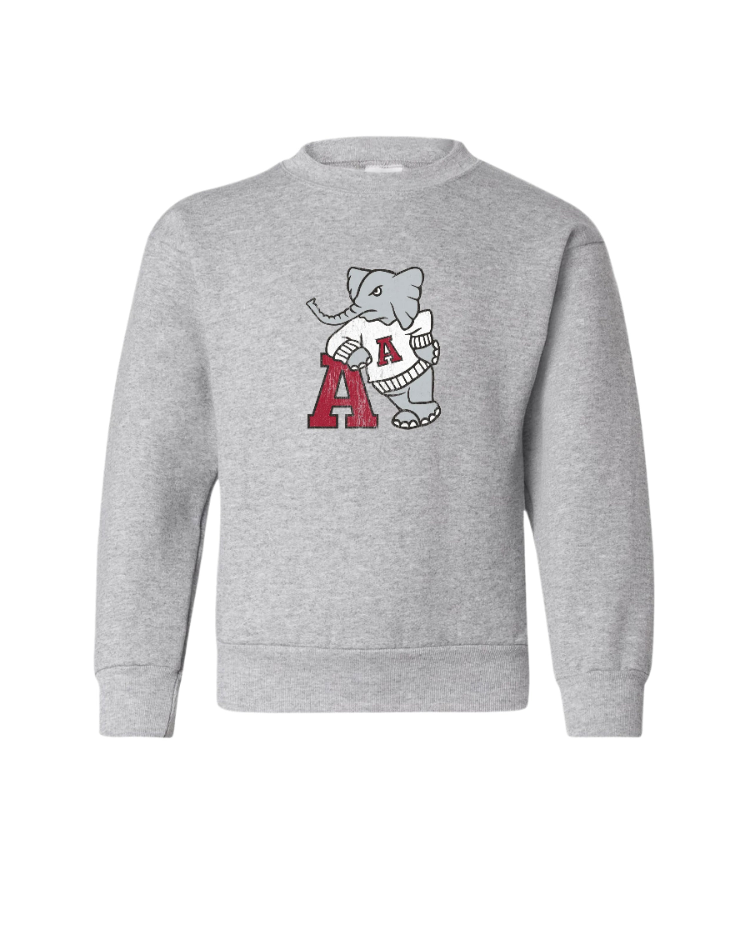 University of Alabama Grey Youth Sweatshirt with a print of Big Al leaning on a Red Block A