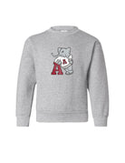 University of Alabama Grey Youth Sweatshirt with a print of Big Al leaning on a Red Block A