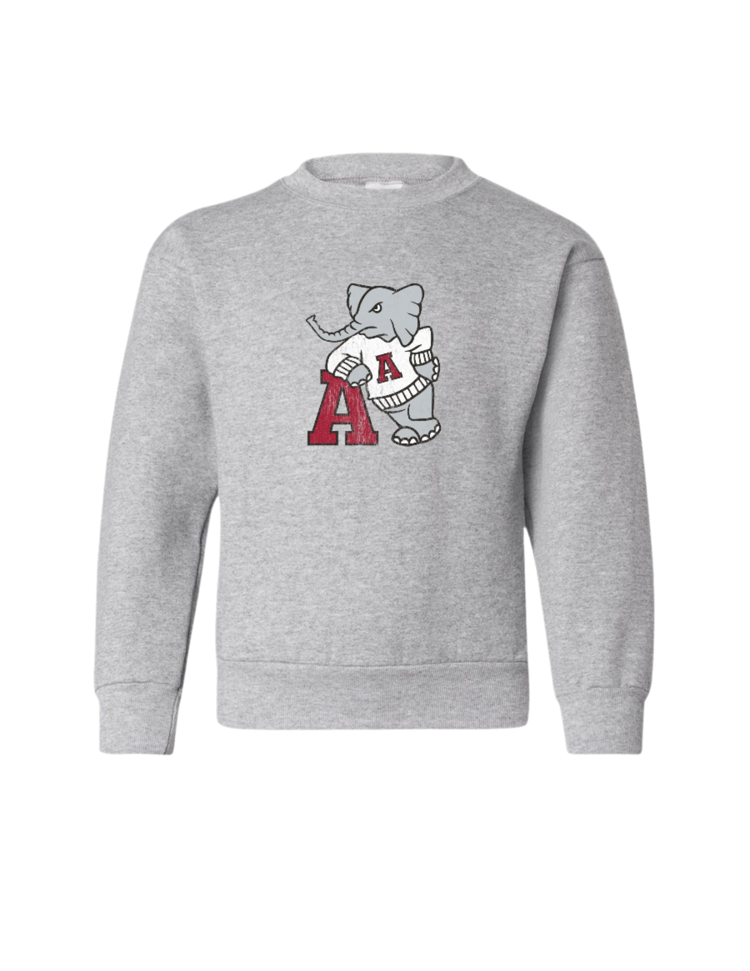 University of Alabama Grey Youth Sweatshirt with a print of Big Al leaning on a Red Block A