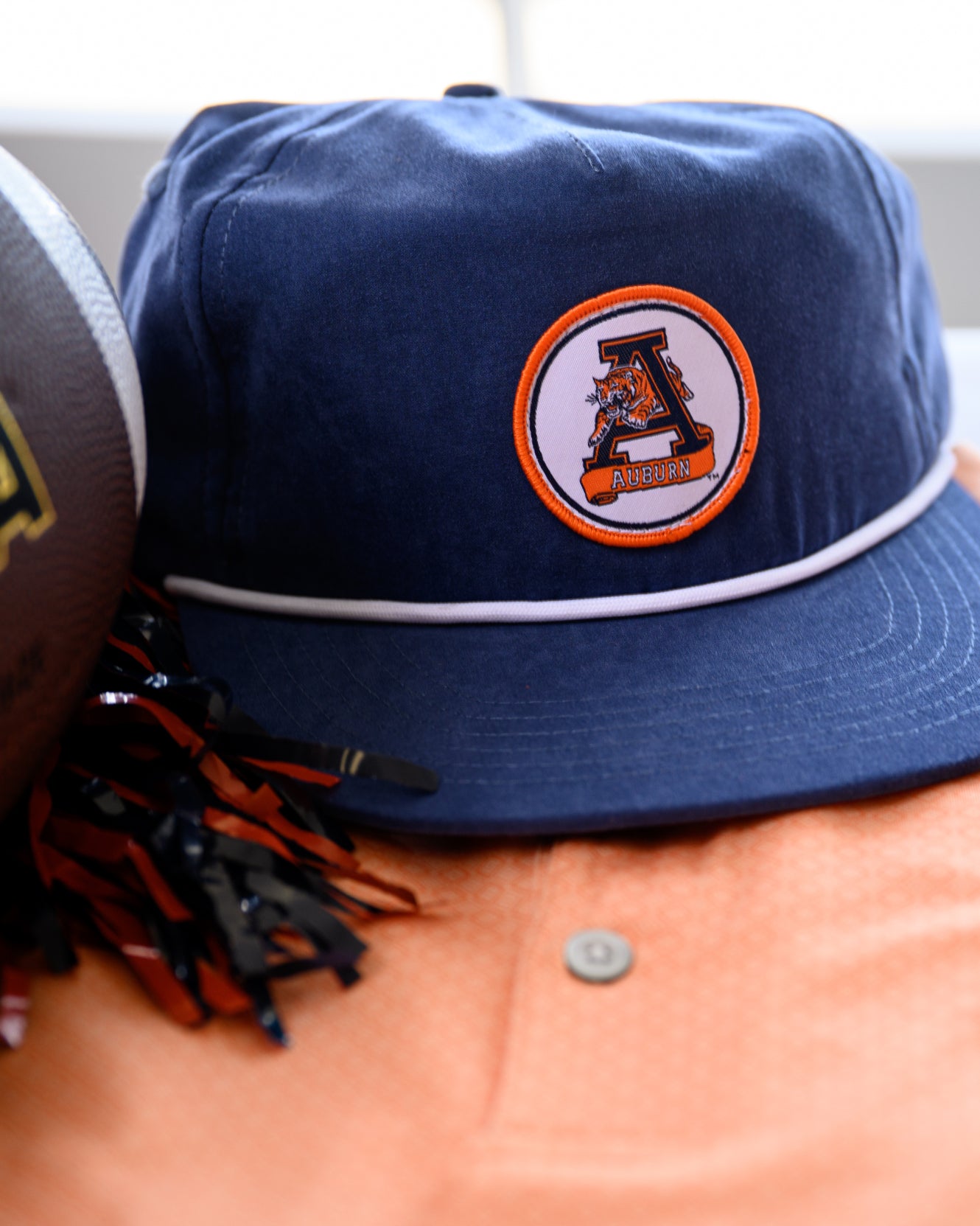 Auburn University Navy Hat with a White rope and a patch of the Leaping Tiger Logo