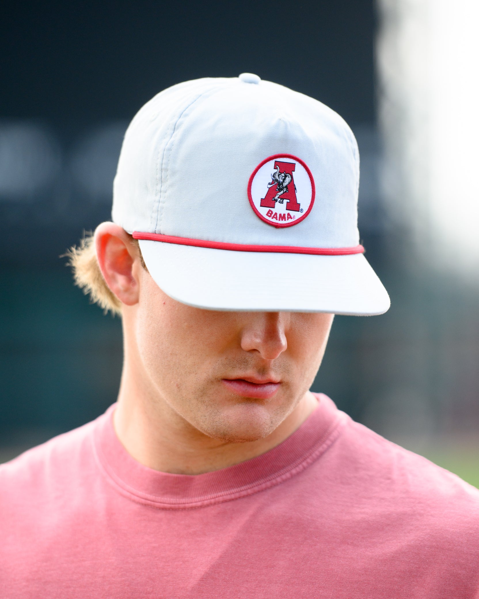 University of Alabama Light Grey Hat with a Red rope and a patch of the Vintage A Logo