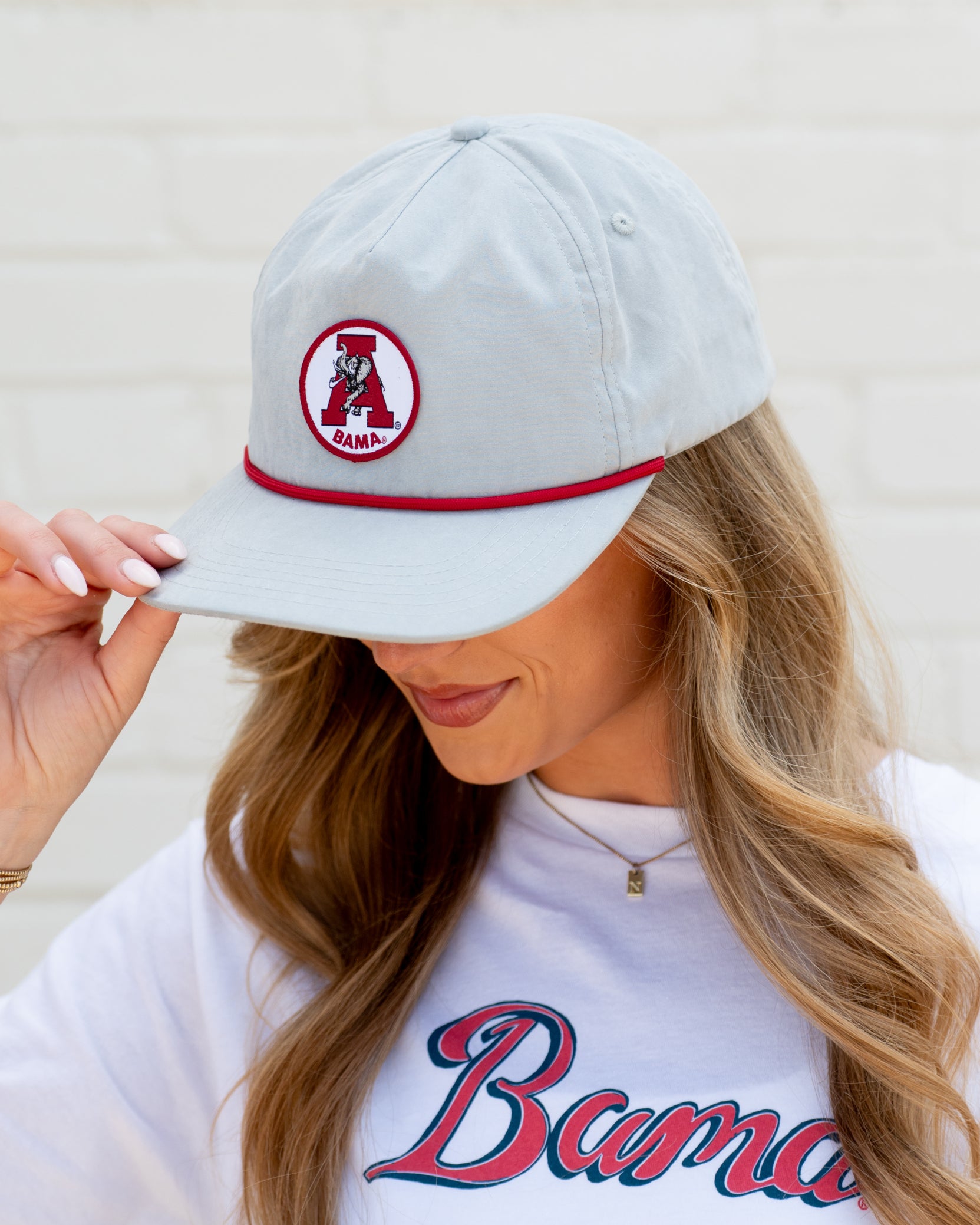 University of Alabama Light Grey Hat with a Red rope and a patch of the Vintage A Logo