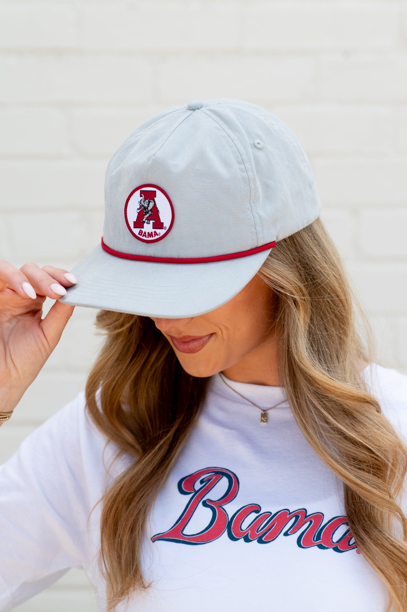 University of Alabama Light Grey Hat with a Red rope and a patch of the Vintage A Logo