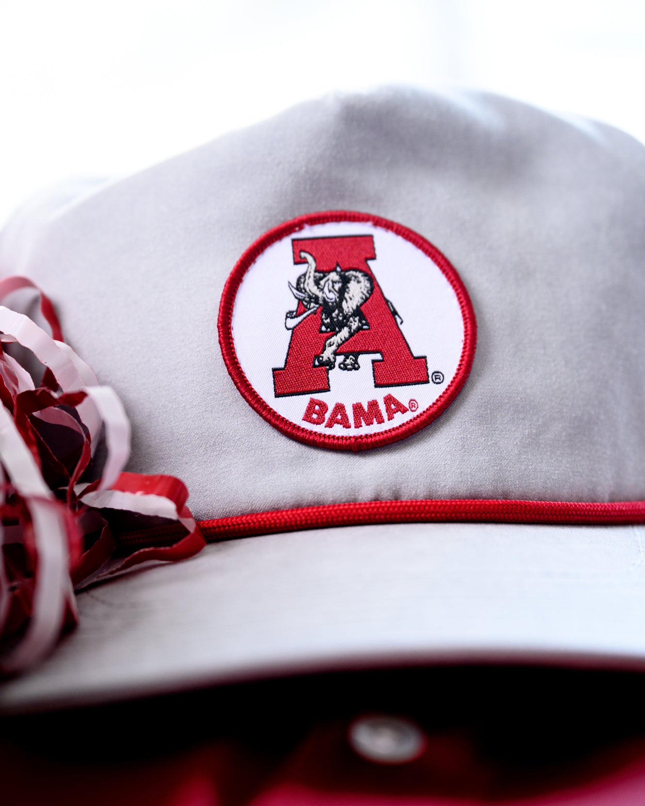 University of Alabama Light Grey Hat with a Red rope and a patch of the Vintage A Logo