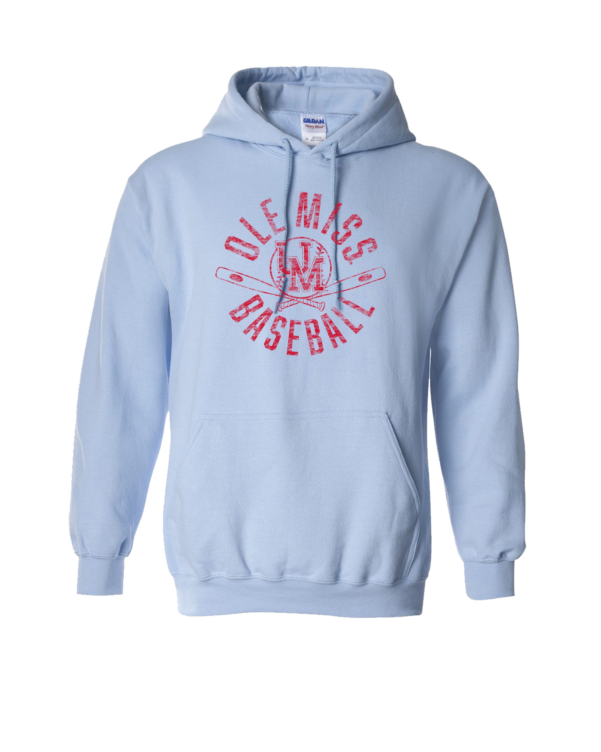 Mississippi State Distressed Light Blue Hoodie with a Red Baseball featuring the MS overlapping logo over crossed baseball bats, surrounded by Red text “Miss. State Baseball”
