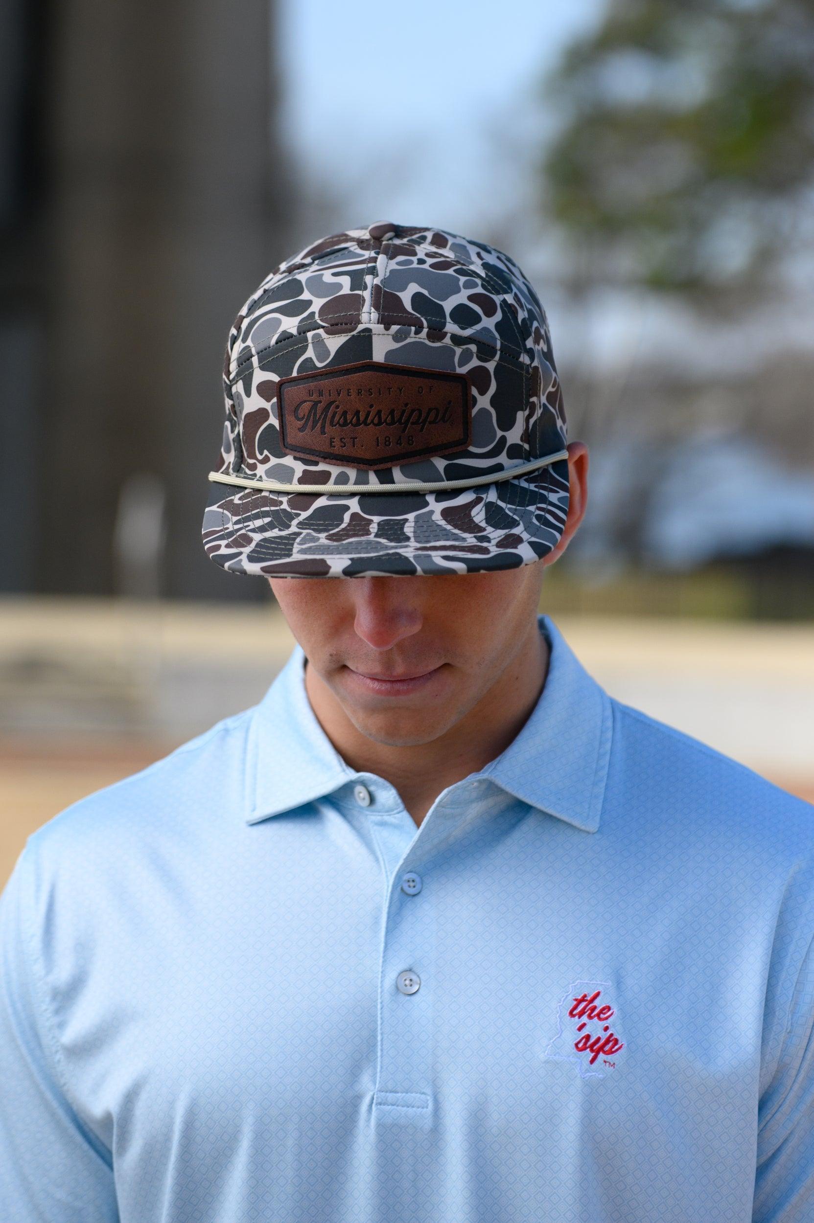 Ole Miss Camo Hat with a Leather patch with text “Mississippi University”