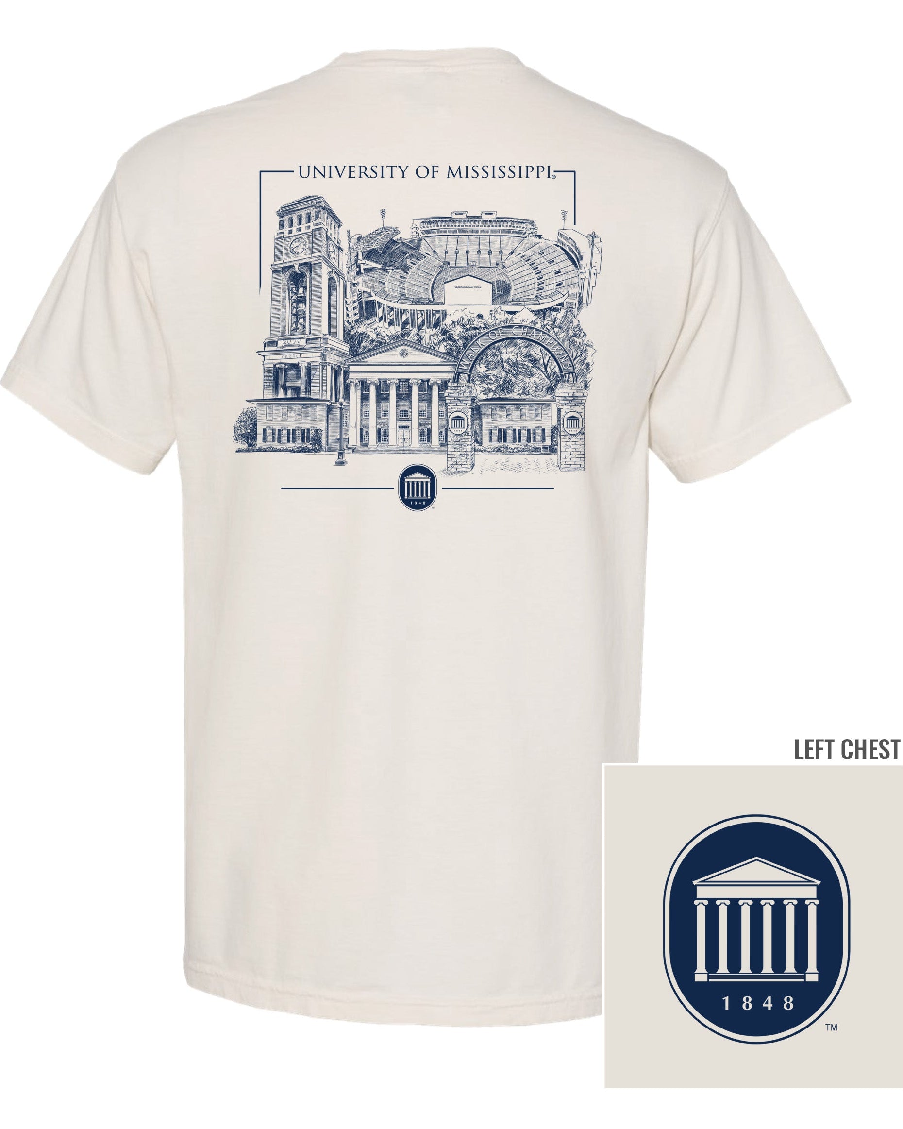 Ole Miss Ivory T-Shirt with an illustration of the campus’ most iconic landmarks
