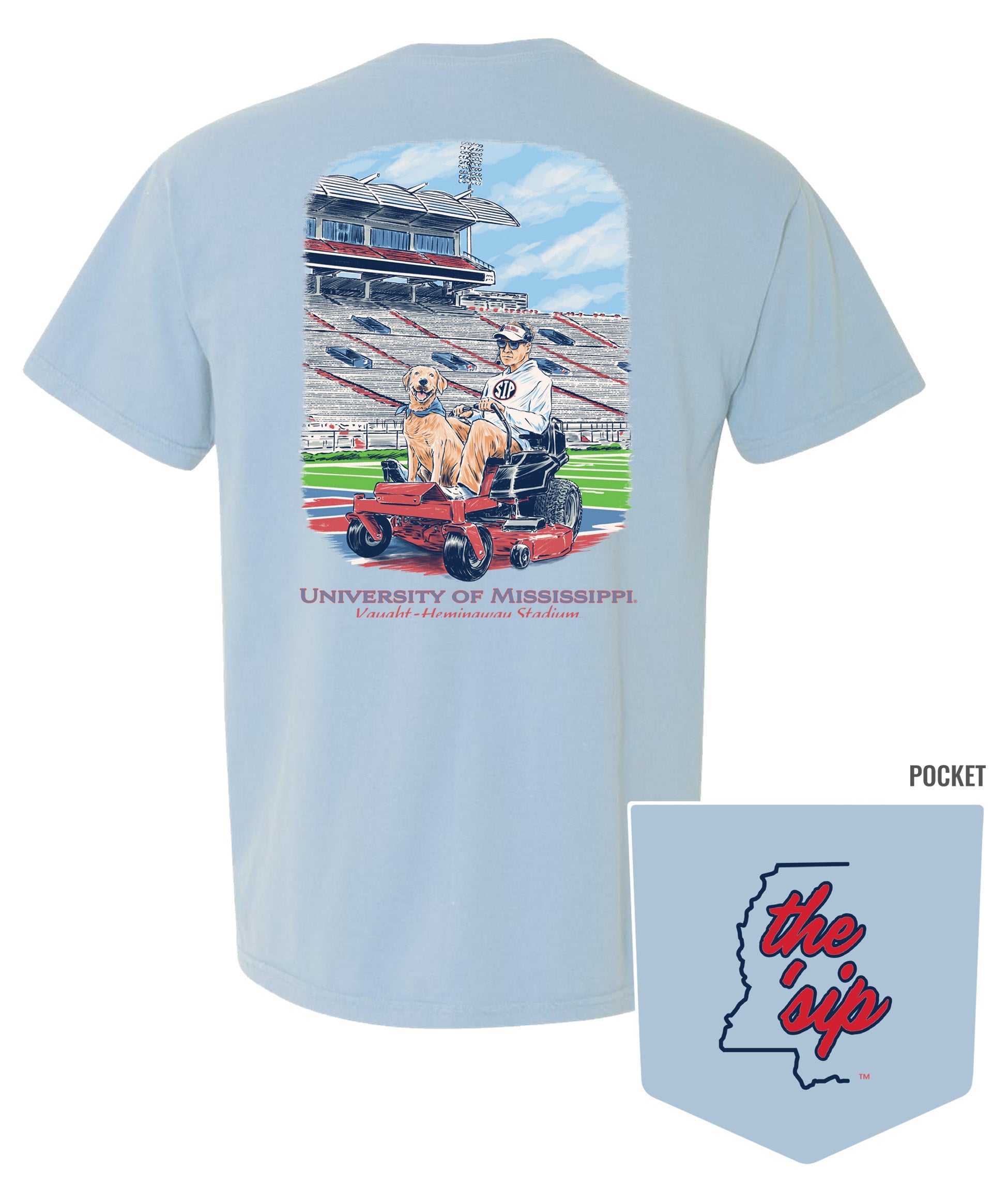 Ole Miss Light Blue Ole Miss Grounds Crew T-Shirt with an image of Lane Kiffin and Juice riding a lawnmower