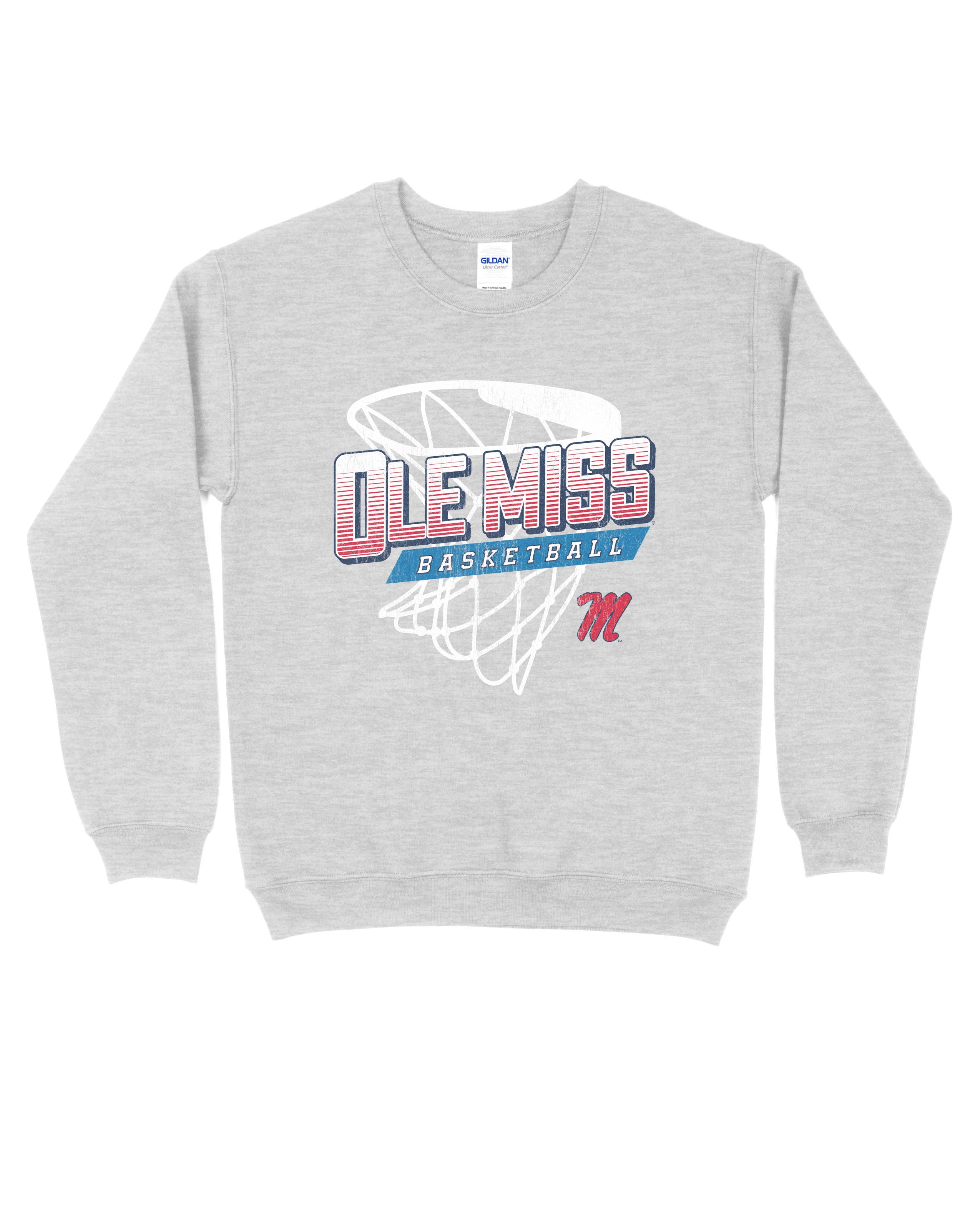 Ole Miss Light Grey Heather Sweatshirt with a basketball hoop outline behind text “Ole Miss Basketball”