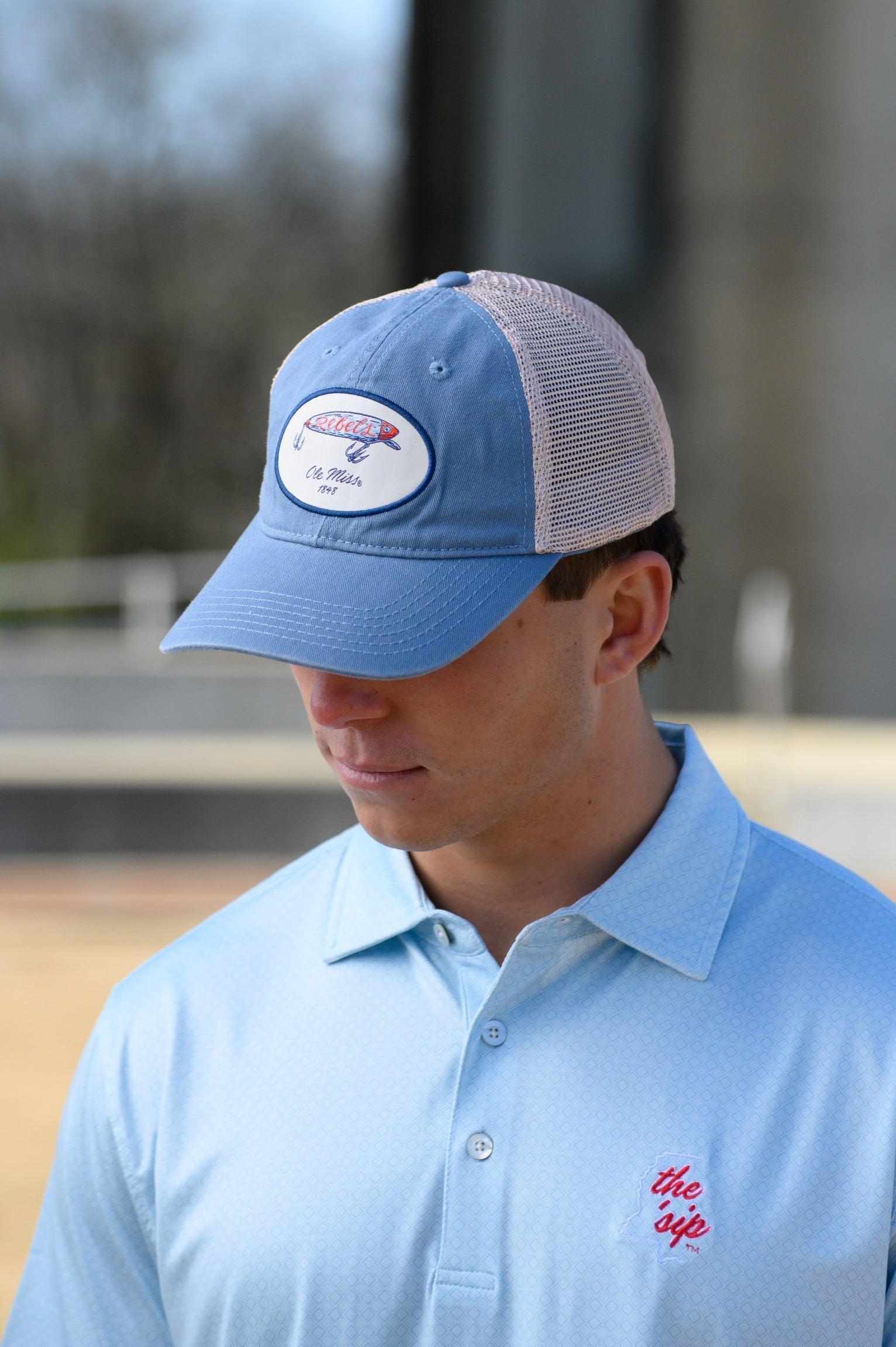 Ole Miss Dusty Blue Hat with a fishing lure with Red script “Rebels”