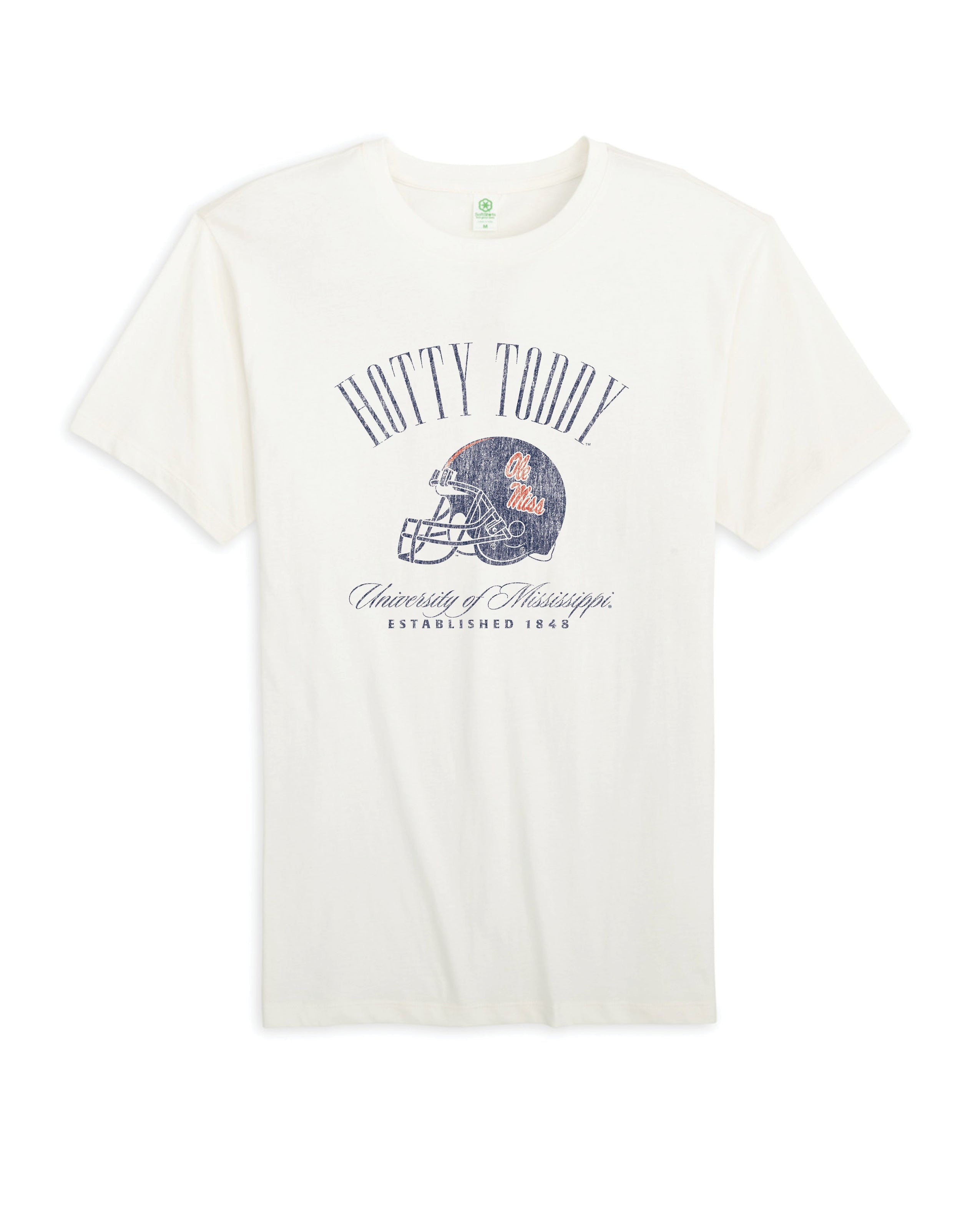 Ole Miss Ivory T-Shirt with Blue text “Hotty Toddy” above an image of a football helmet