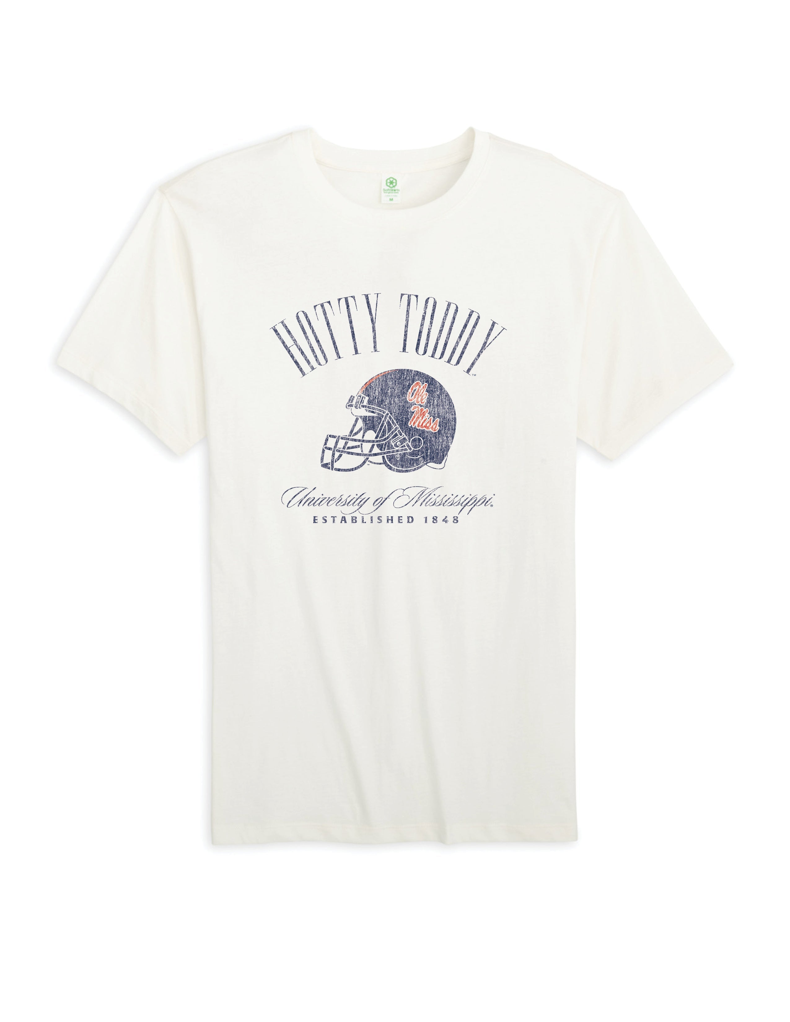 Ole Miss Ivory T-Shirt with Blue text “Hotty Toddy” above an image of a football helmet