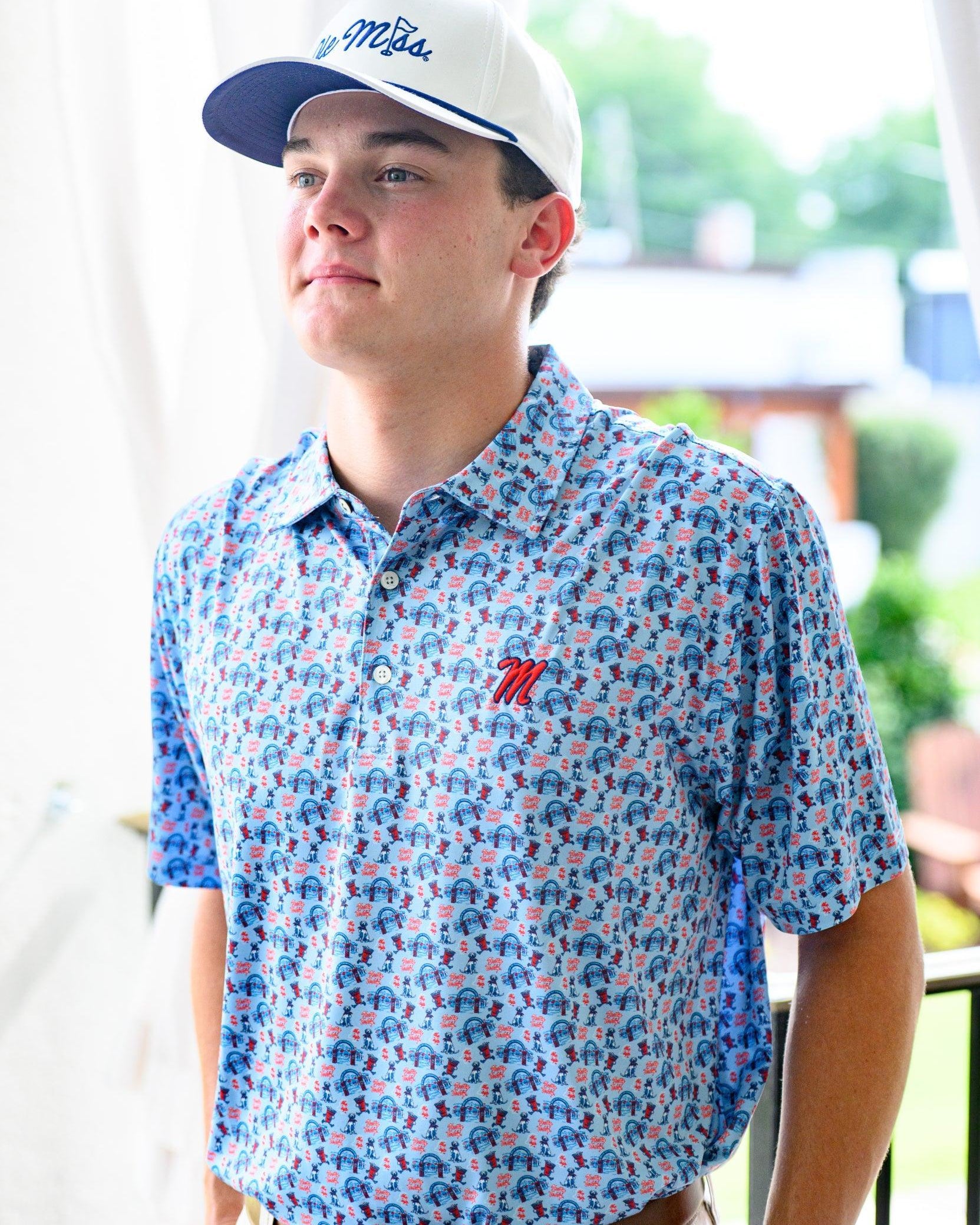 Ole Miss Blue Men’s Patterned Polo with the Script M Logo embroidery