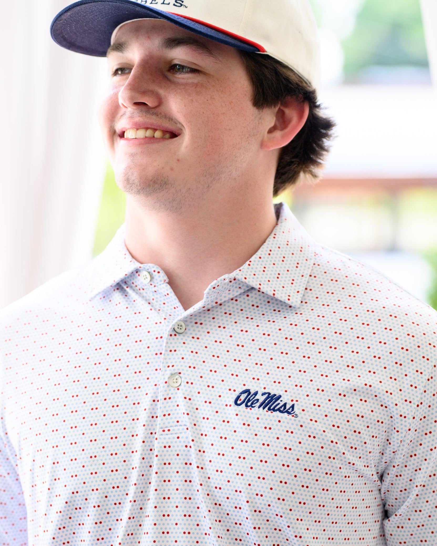 Ole Miss White Men’s Polo with Red and Light Blue dots and Navy Ole Miss Logo embroidery