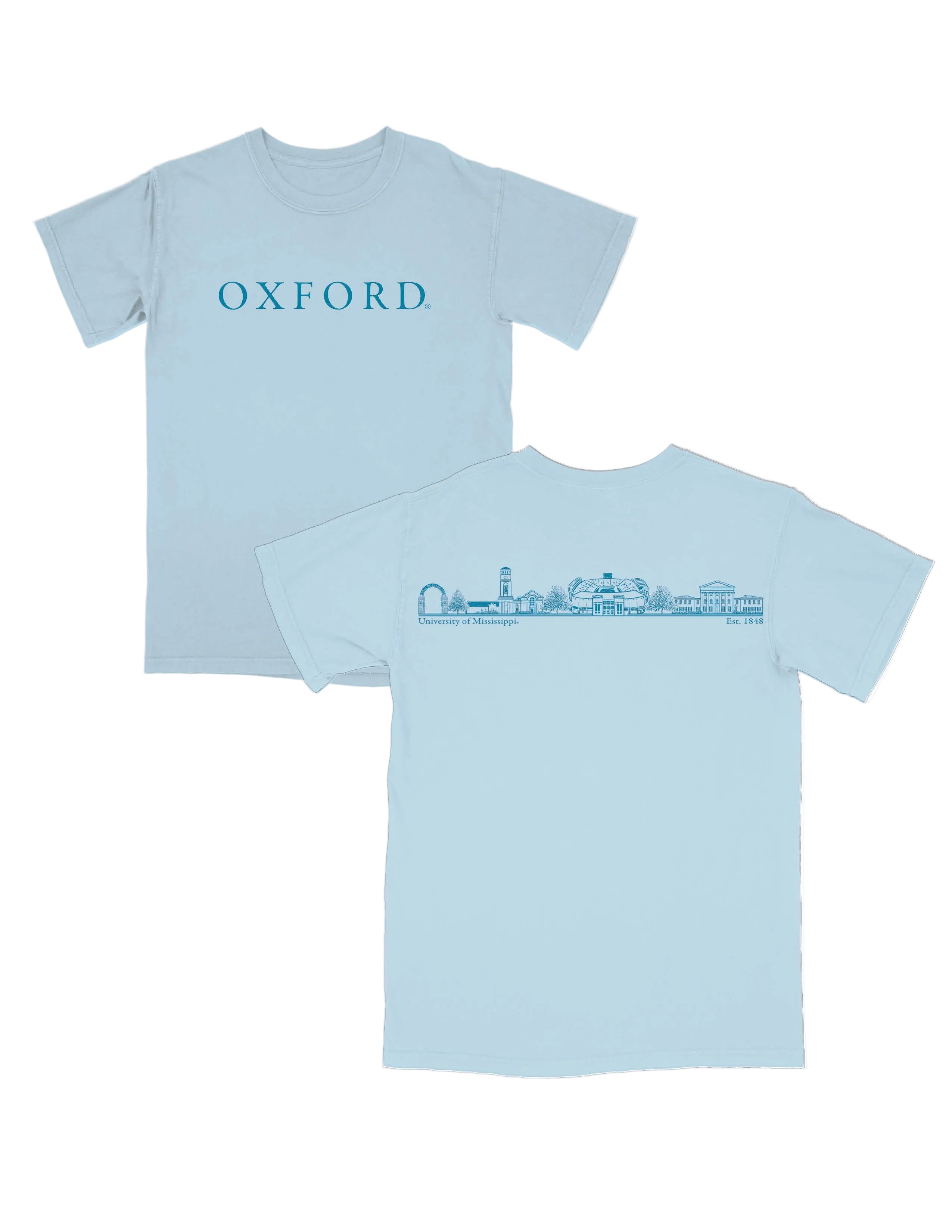 Ole Miss Light Blue T-Shirt with Electric Blue Text on the front, “OXFORD.” The Back features sketches of Oxford Icons such as the Walk of Champions Gate, The Vaught stadium, and the Lycrum