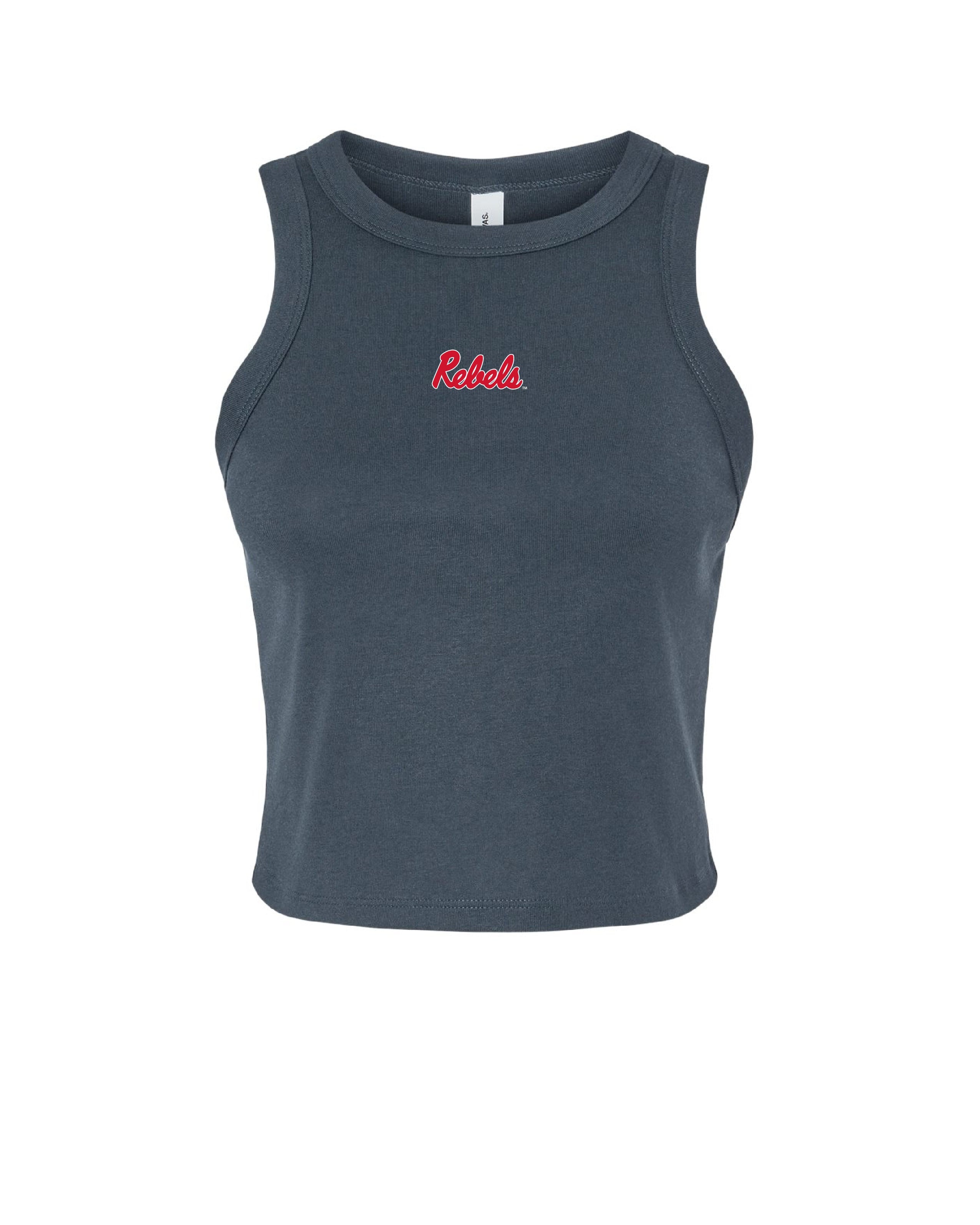 Ole Miss Navy Tank Top with Red script “Rebels” logo embroidery on the chest