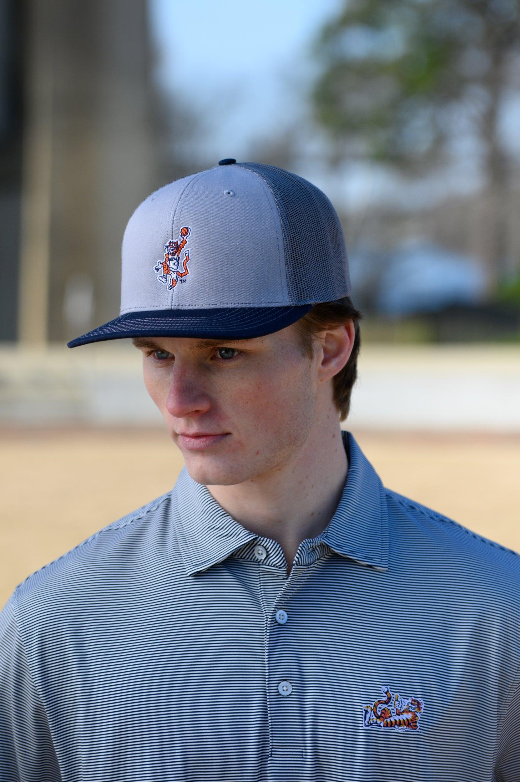 Auburn University Grey and Navy Trucker Hat with the Original Aubie basketball logo on the front, featuring a gray crown and black visor.
