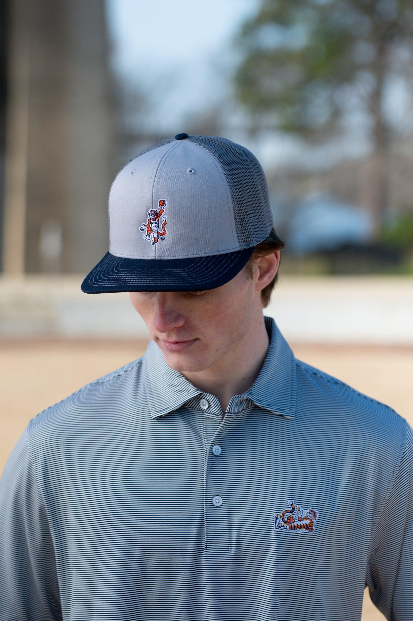 Auburn University Grey and Navy Trucker Hat with the Original Aubie basketball logo on the front, featuring a gray crown and black visor.