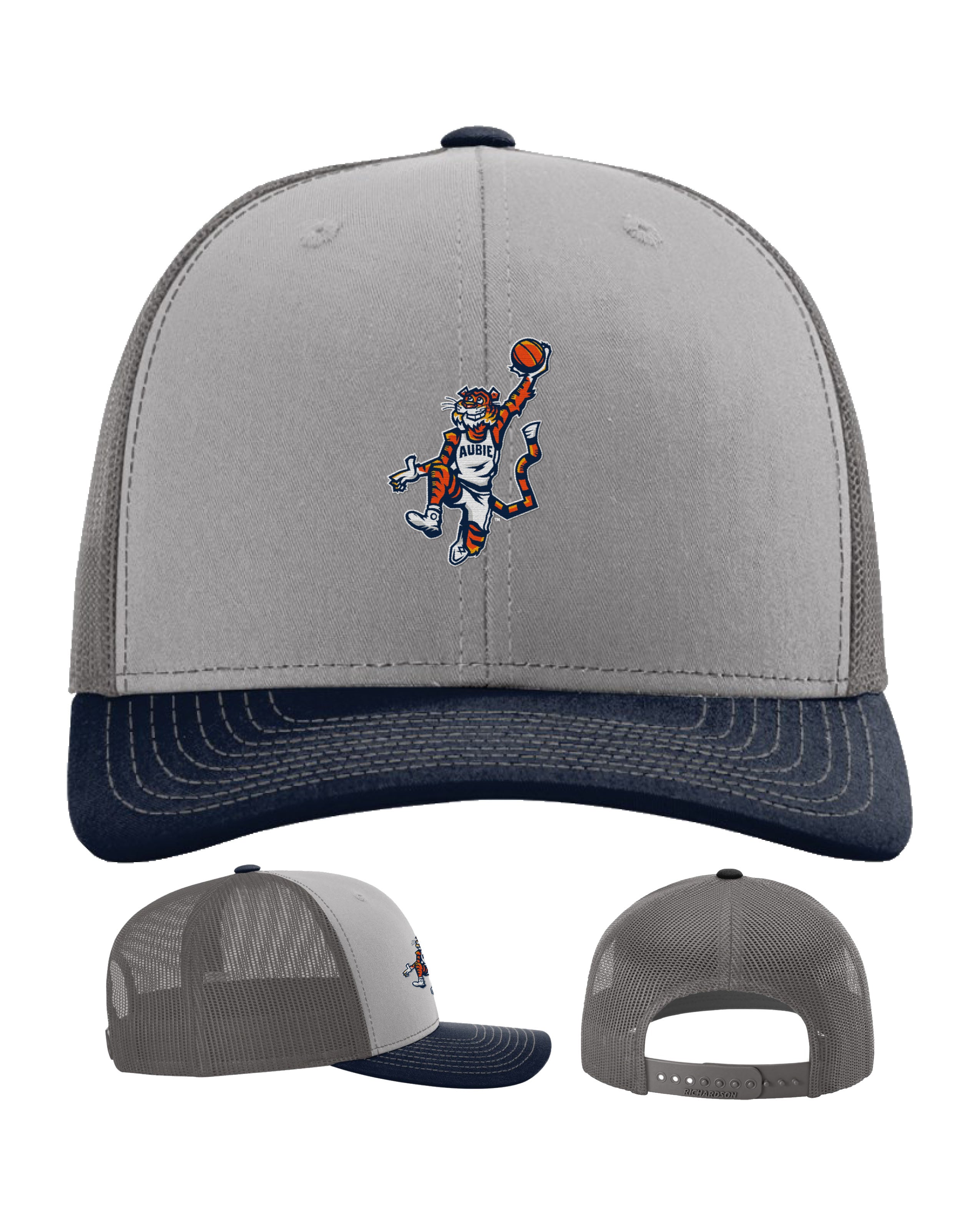 Auburn University Grey and Navy Trucker Hat with the Original Aubie basketball logo on the front, featuring a gray crown and black visor.