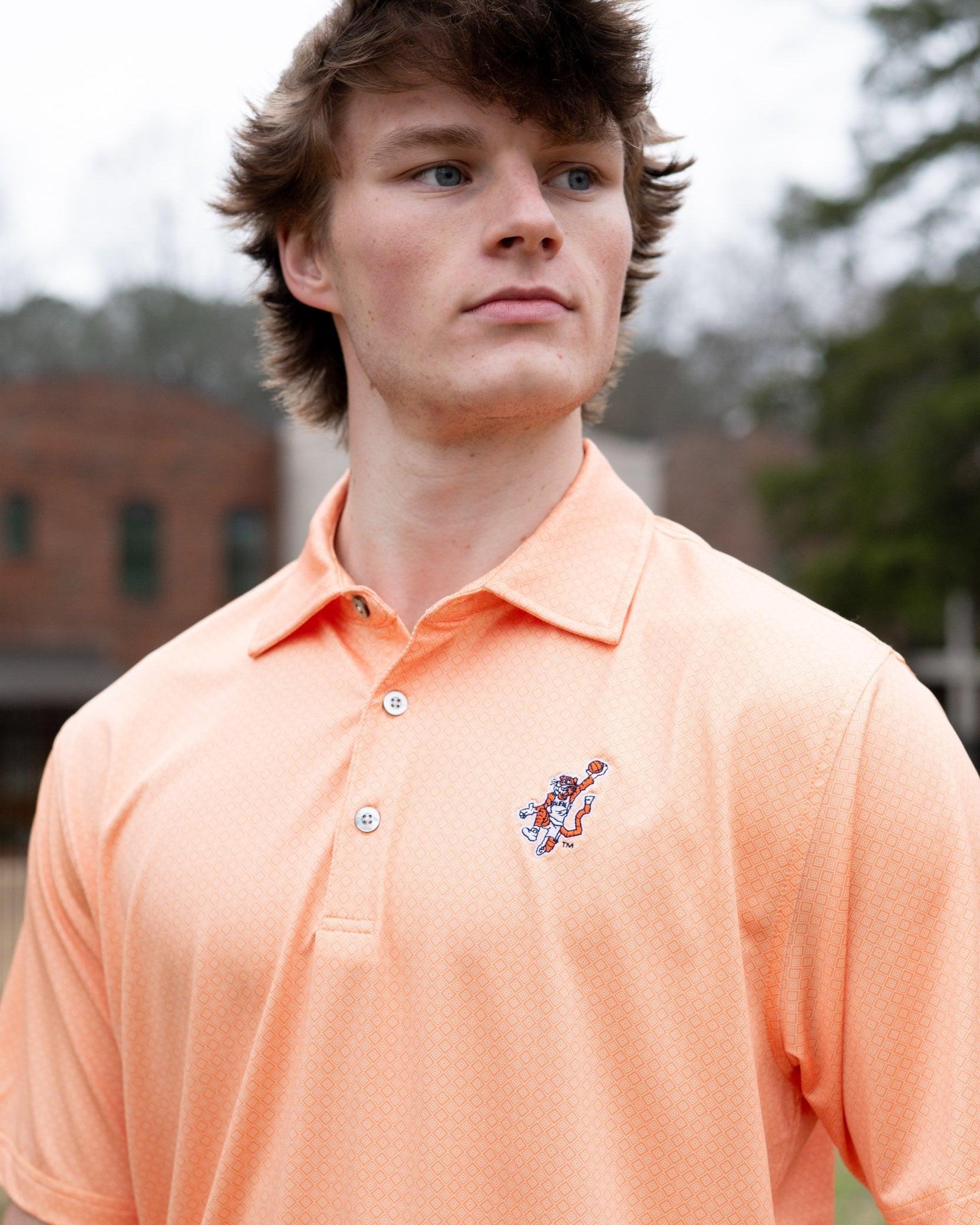 Auburn University Orange Men’s Diamond Polo with the Original Aubie Basketball Logo embroidery