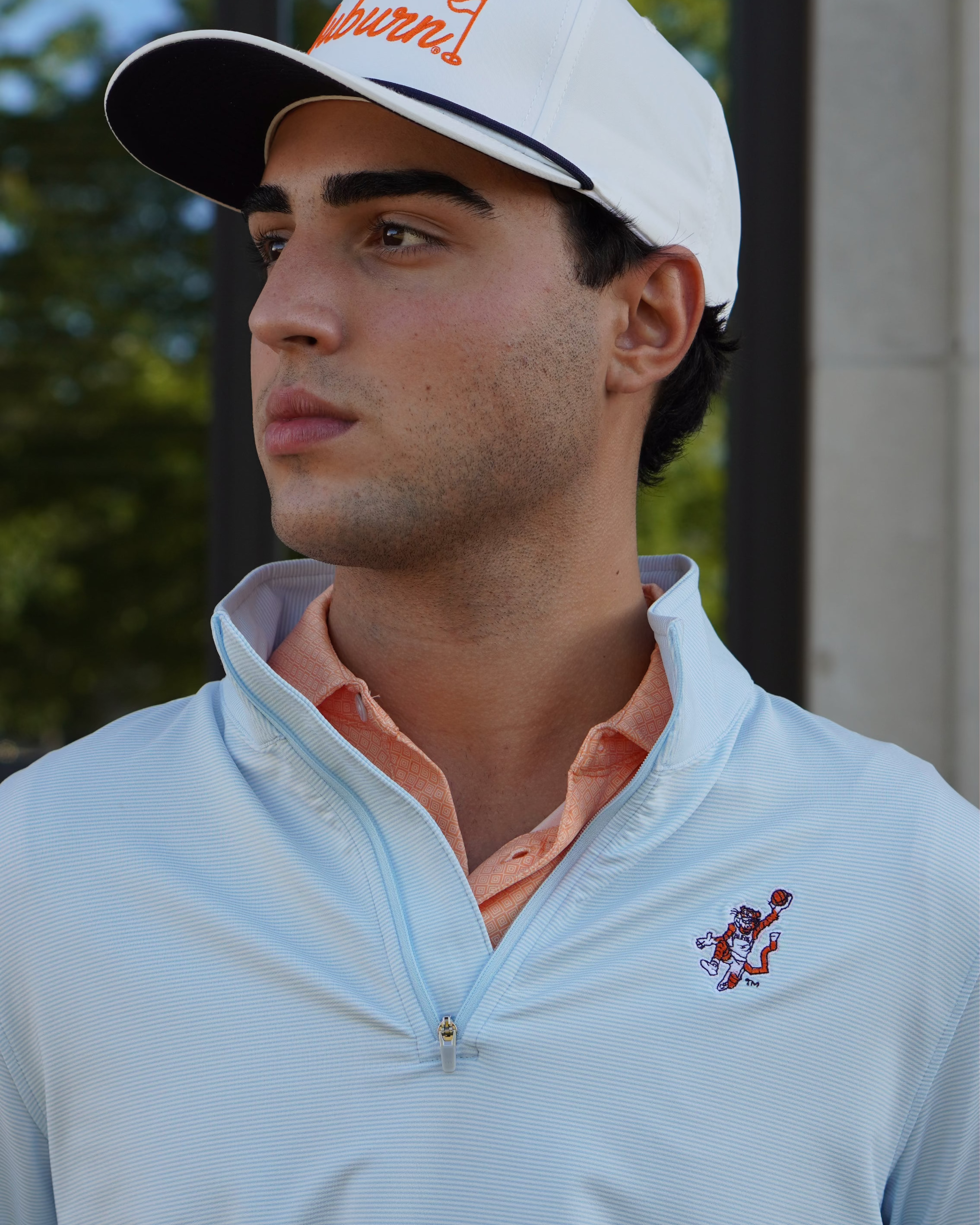 Auburn University Light Blue Men’s Stripe Polo with the Original Aubie Basketball Logo embroidery