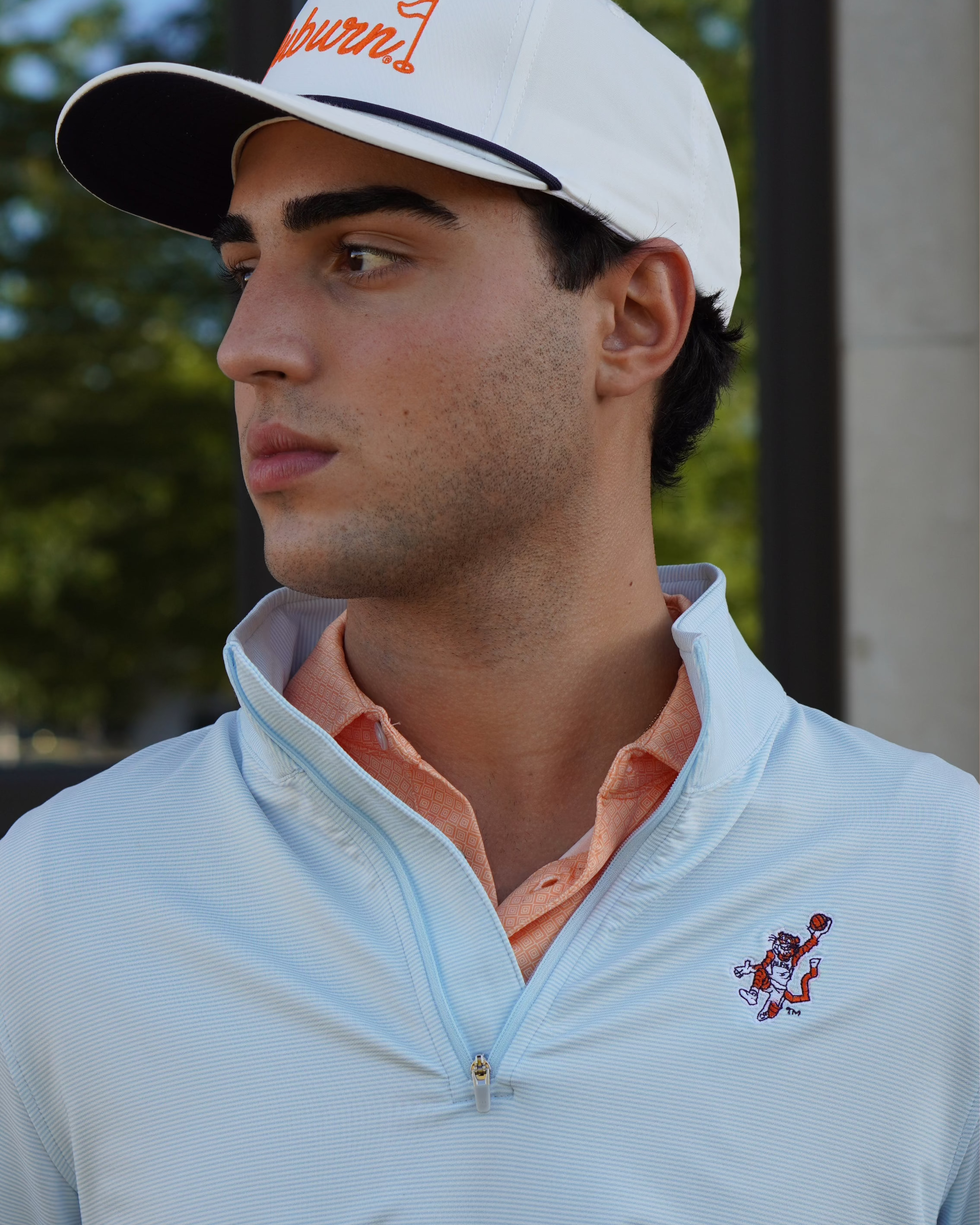 Auburn University Light Blue Men’s Stripe Polo with the Original Aubie Basketball Logo embroidery