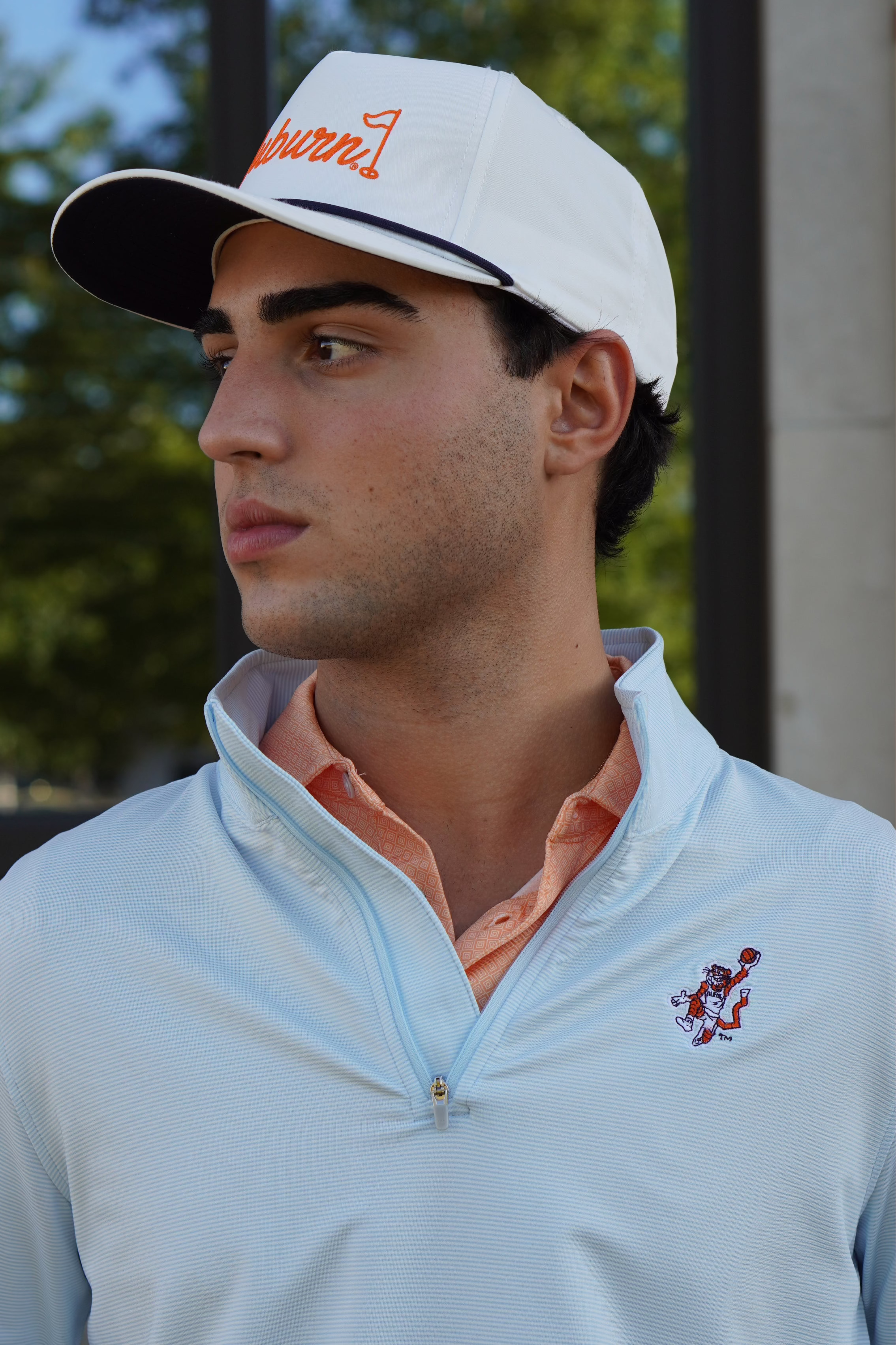 Auburn University Light Blue Men’s Stripe Polo with the Original Aubie Basketball Logo embroidery