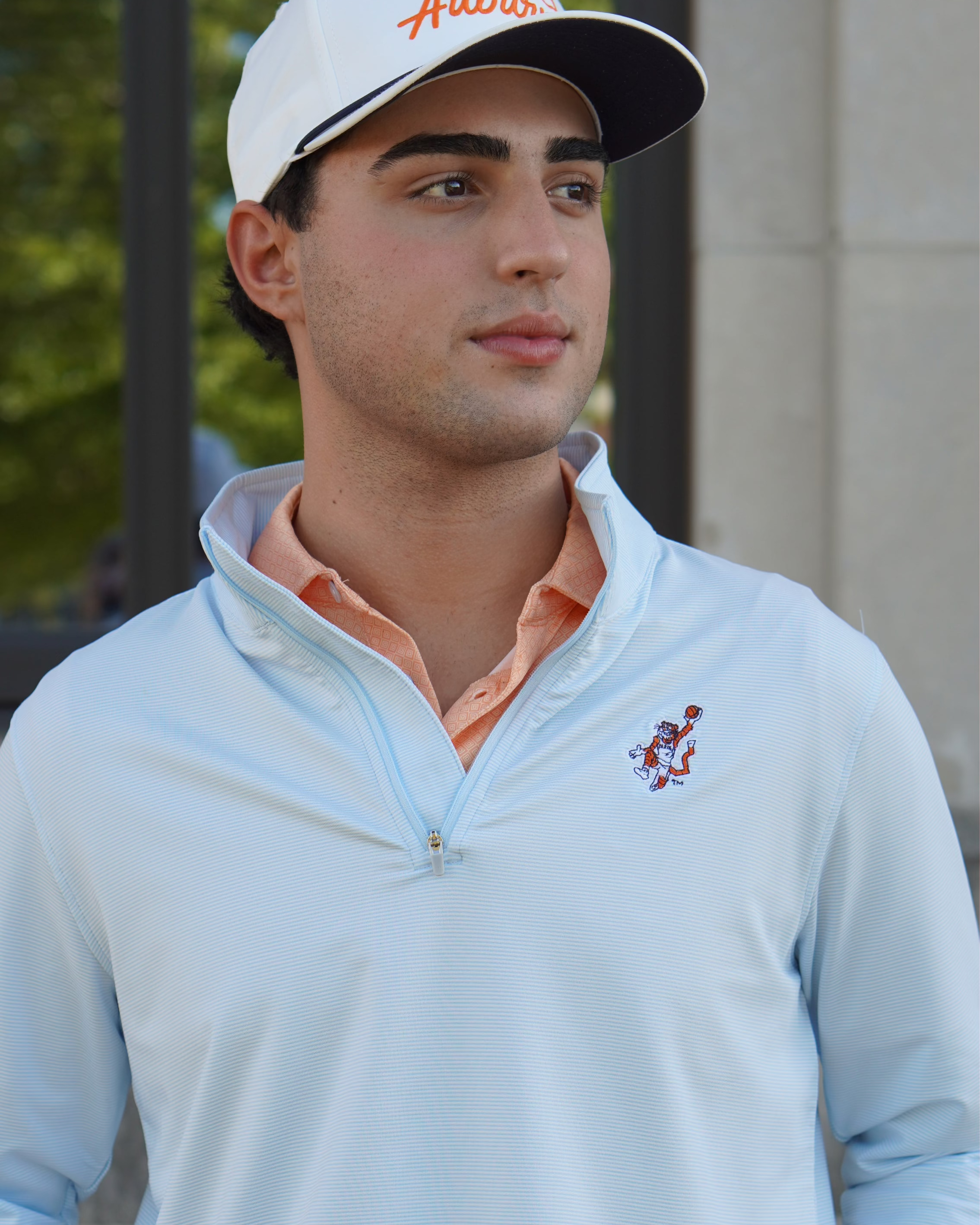 Auburn University Light Blue Men’s Stripe Polo with the Original Aubie Basketball Logo embroidery