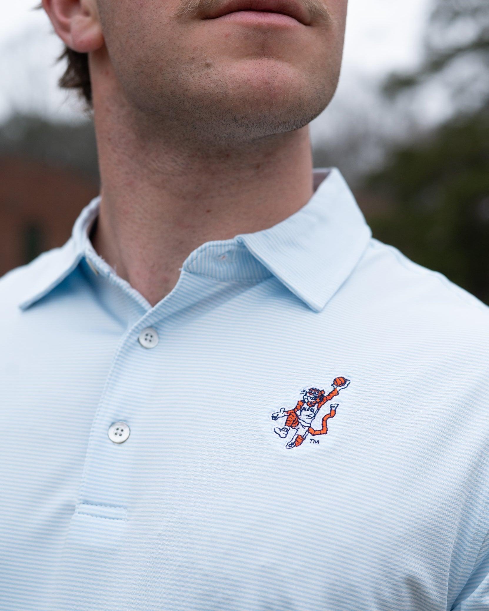 Auburn University Light Blue Men’s Stripe Polo with the Original Aubie Basketball Logo embroidery