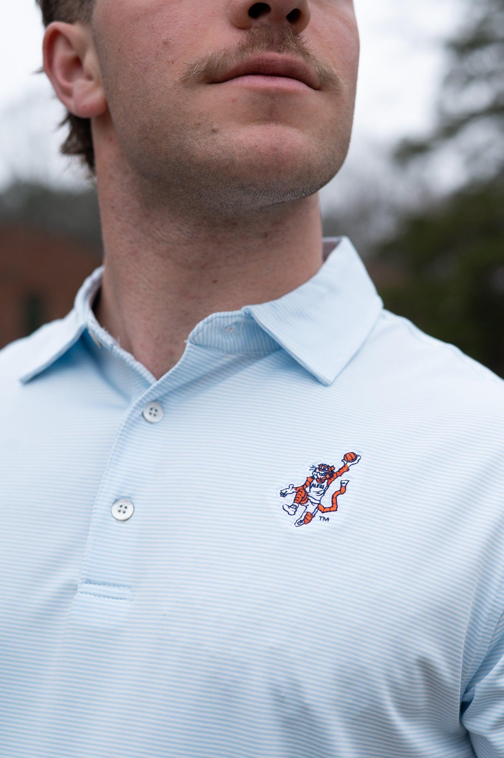 Auburn University Light Blue Men’s Stripe Polo with the Original Aubie Basketball Logo embroidery