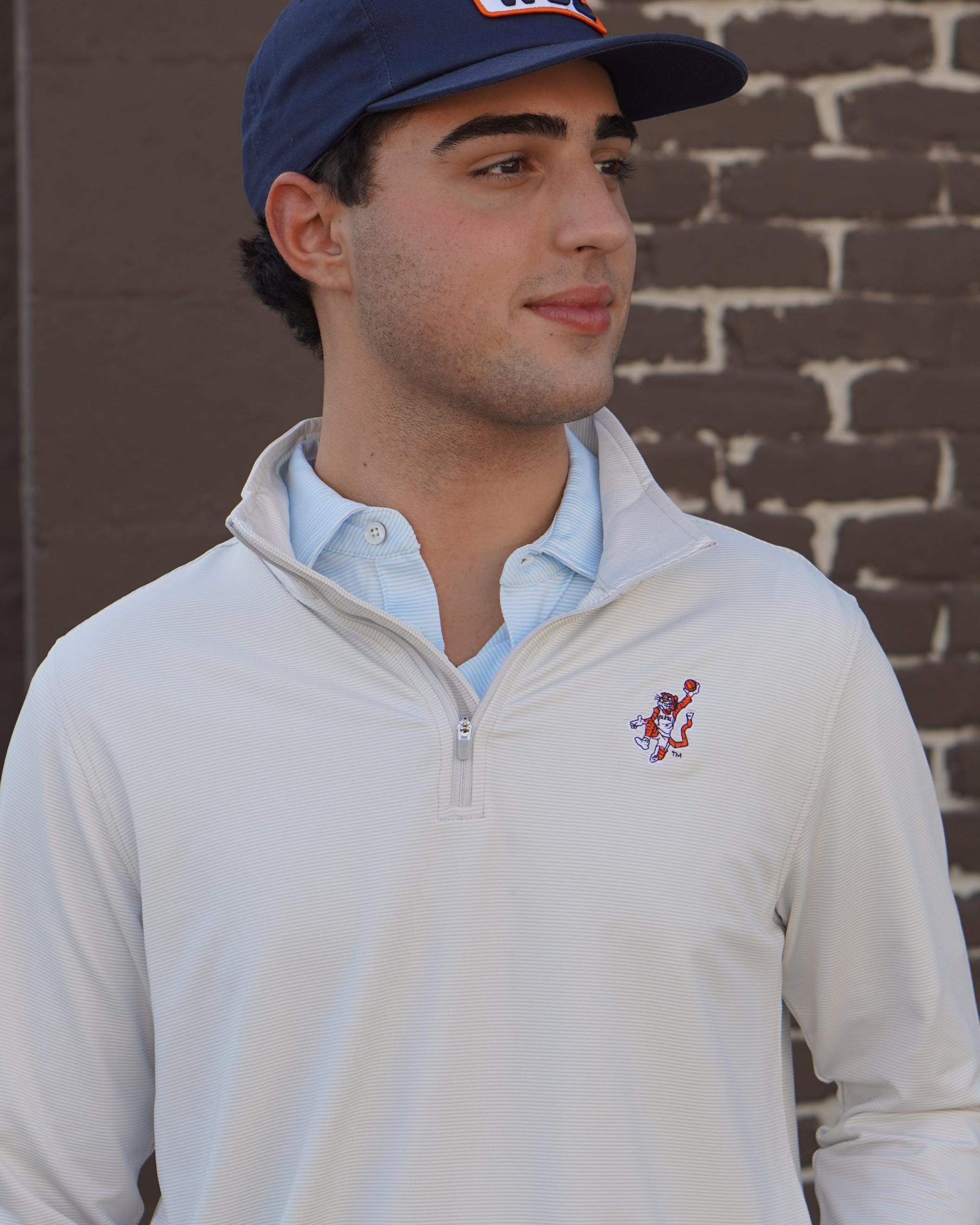 Auburn University Light Grey Stripe Men’s ¼ Zip Pullover with the Original Aubie basketball logo embroidery