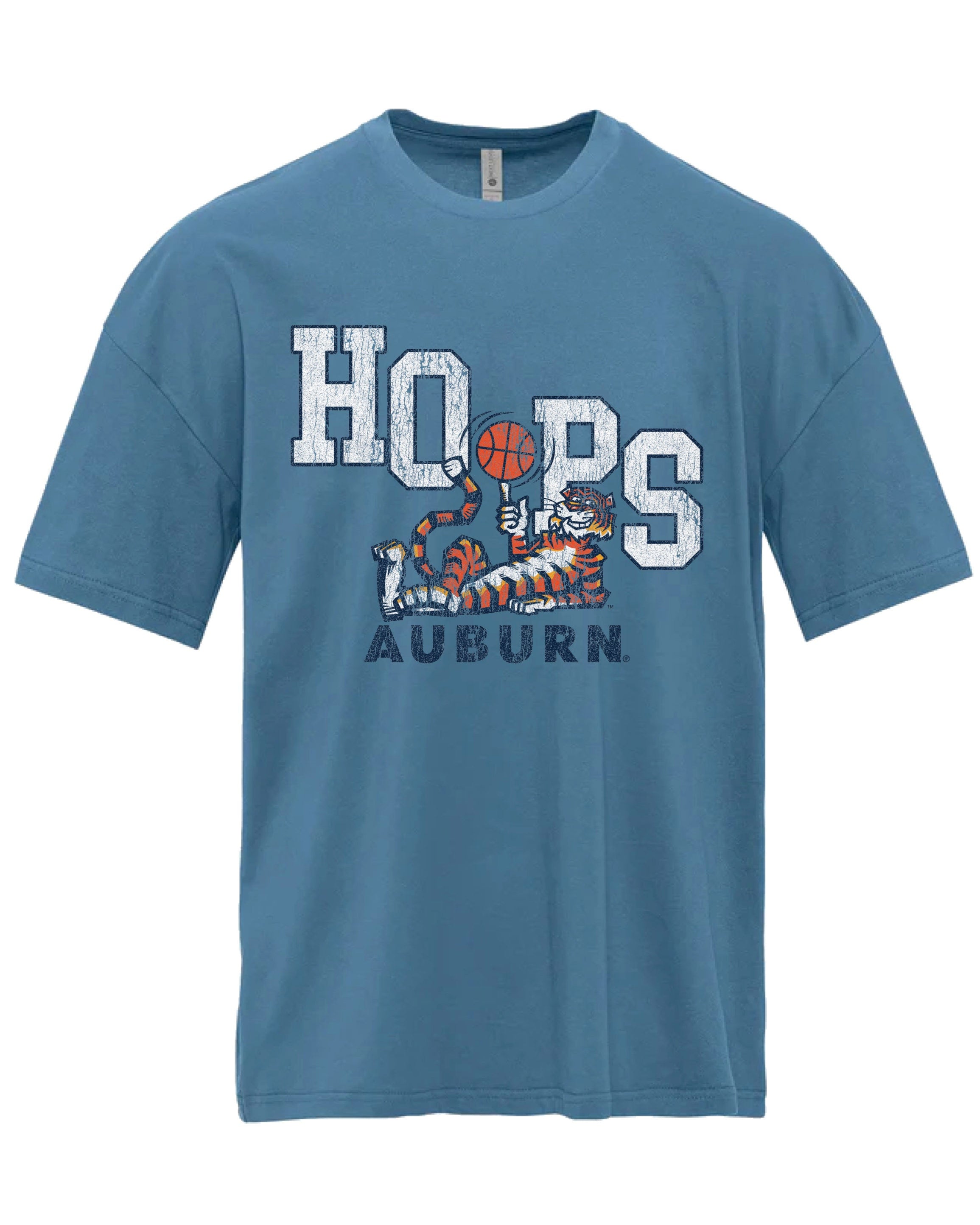 Auburn University Blue T-Shirt with the Original Aubie lounging beneath the word "Hoops" and holding a basketball in place of the second "O"