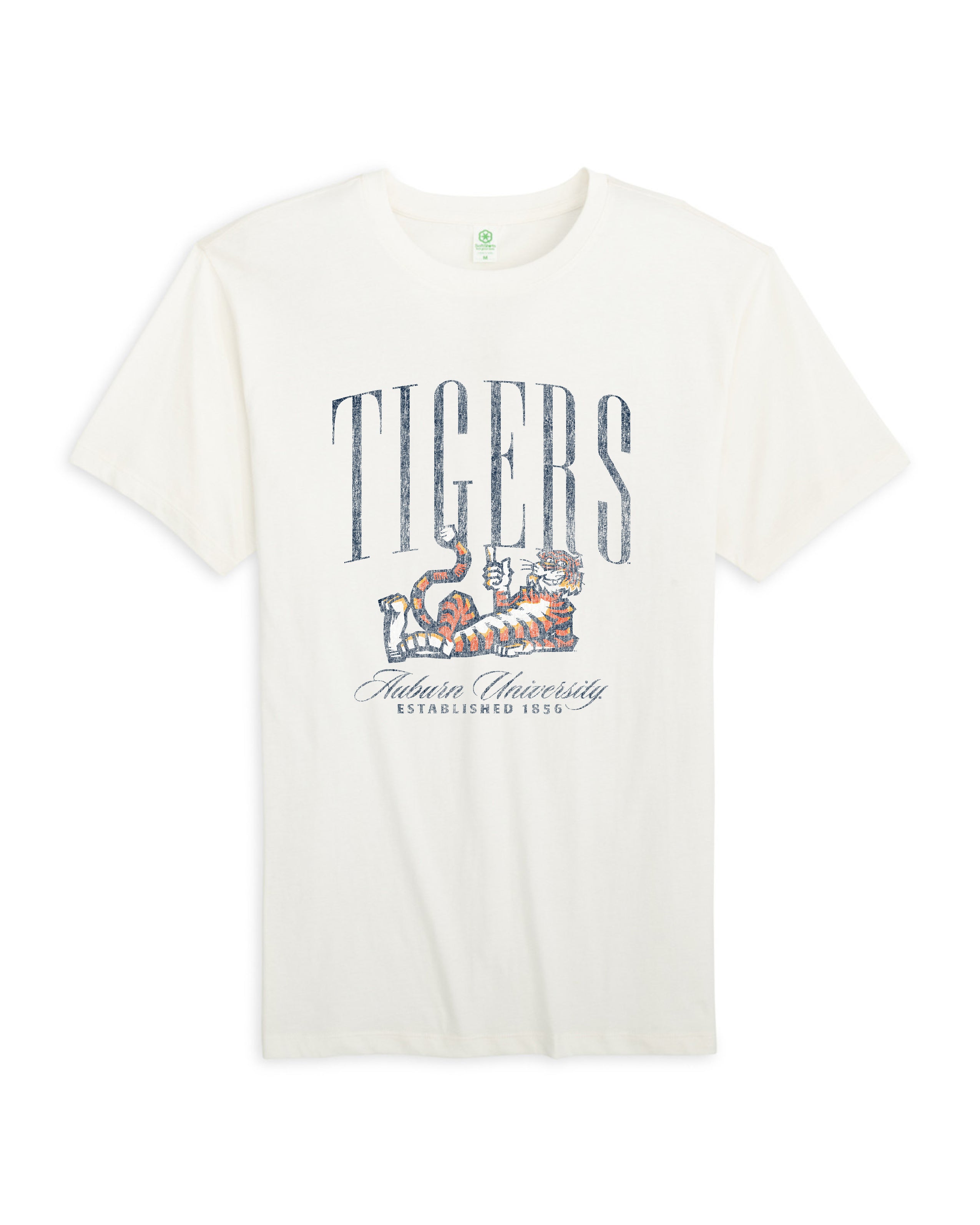 Auburn University Ivory T-Shirt with navy text “Tigers” above Aubie laying down