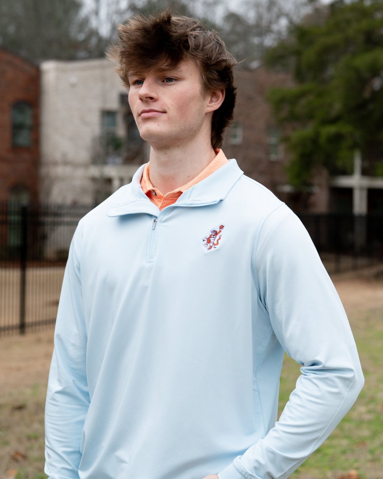 Auburn University Light Blue Stripe ¼ Zip Pullover with the Original Aubie Basketball Logo embroidery