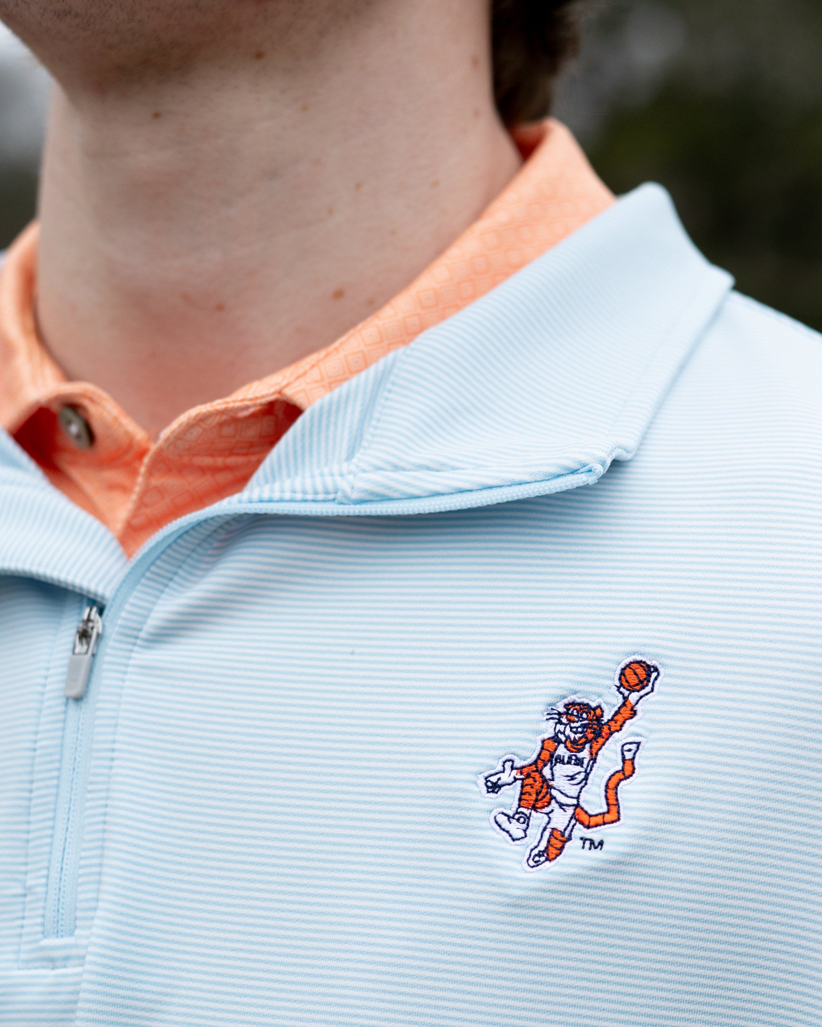 Auburn University Light Blue Stripe ¼ Zip Pullover with the Original Aubie Basketball Logo embroidery
