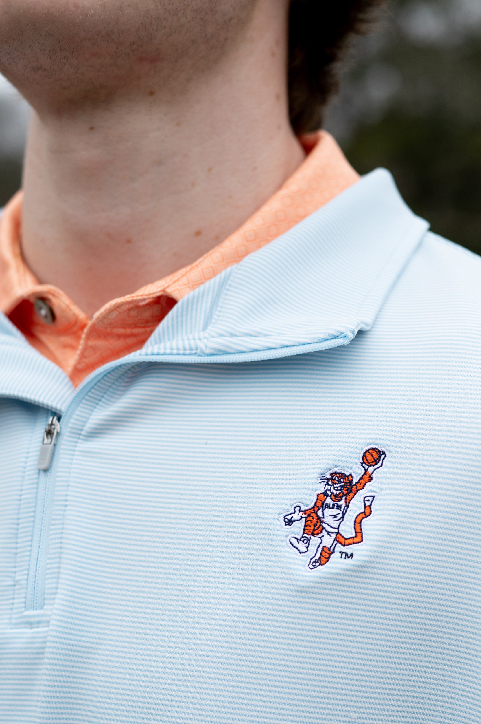 Auburn University Light Blue Stripe ¼ Zip Pullover with the Original Aubie Basketball Logo embroidery