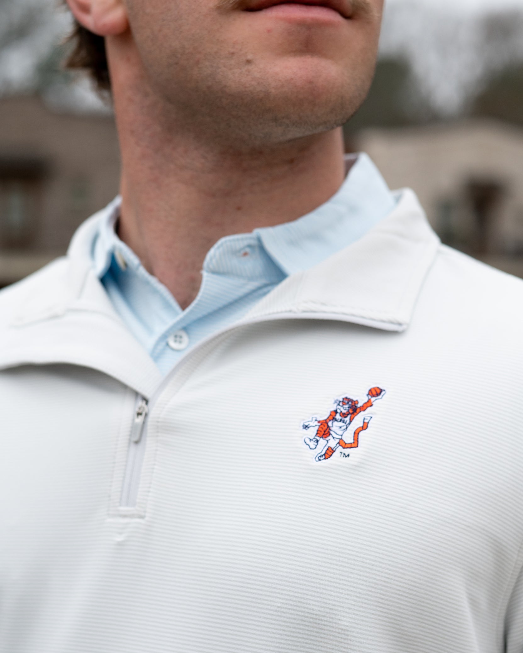 Auburn University Light Grey Stripe ¼ Zip Pullover with the Original Aubie Basketball Logo embroidery