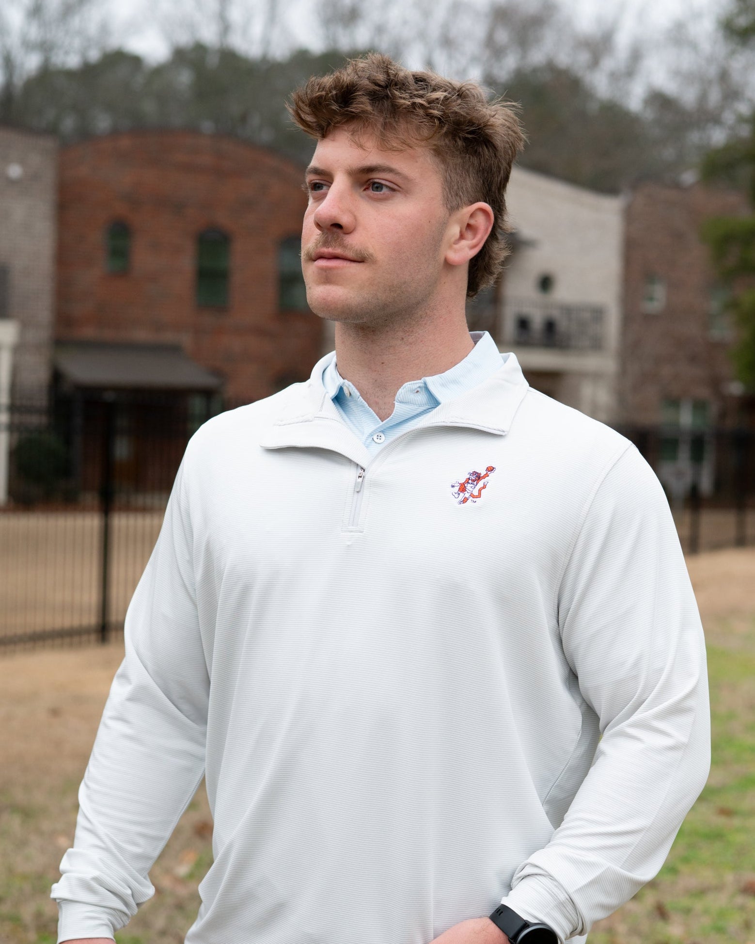 Auburn University Light Grey Stripe ¼ Zip Pullover with the Original Aubie Basketball Logo embroidery