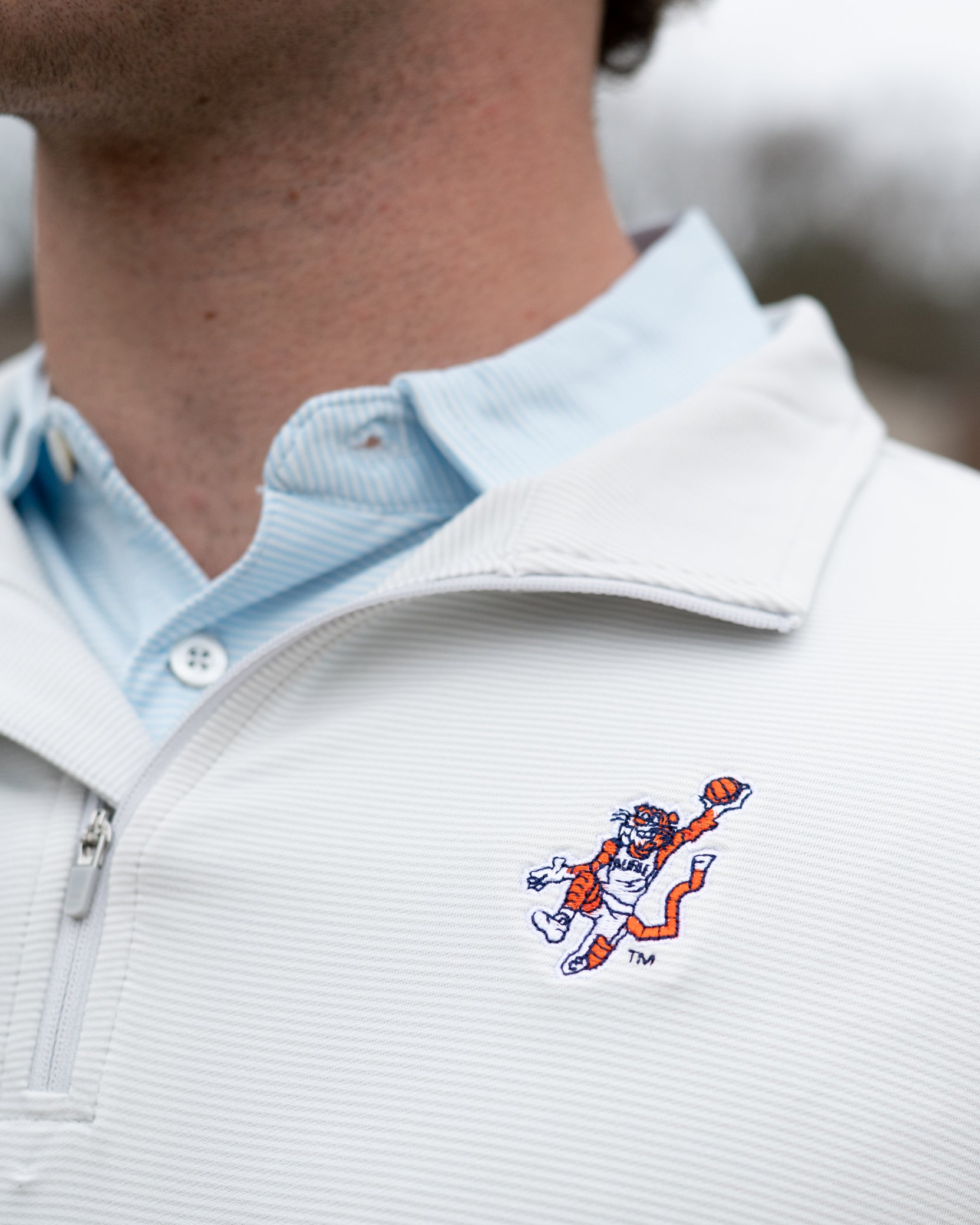 Auburn University Light Grey Stripe ¼ Zip Pullover with the Original Aubie Basketball Logo embroidery