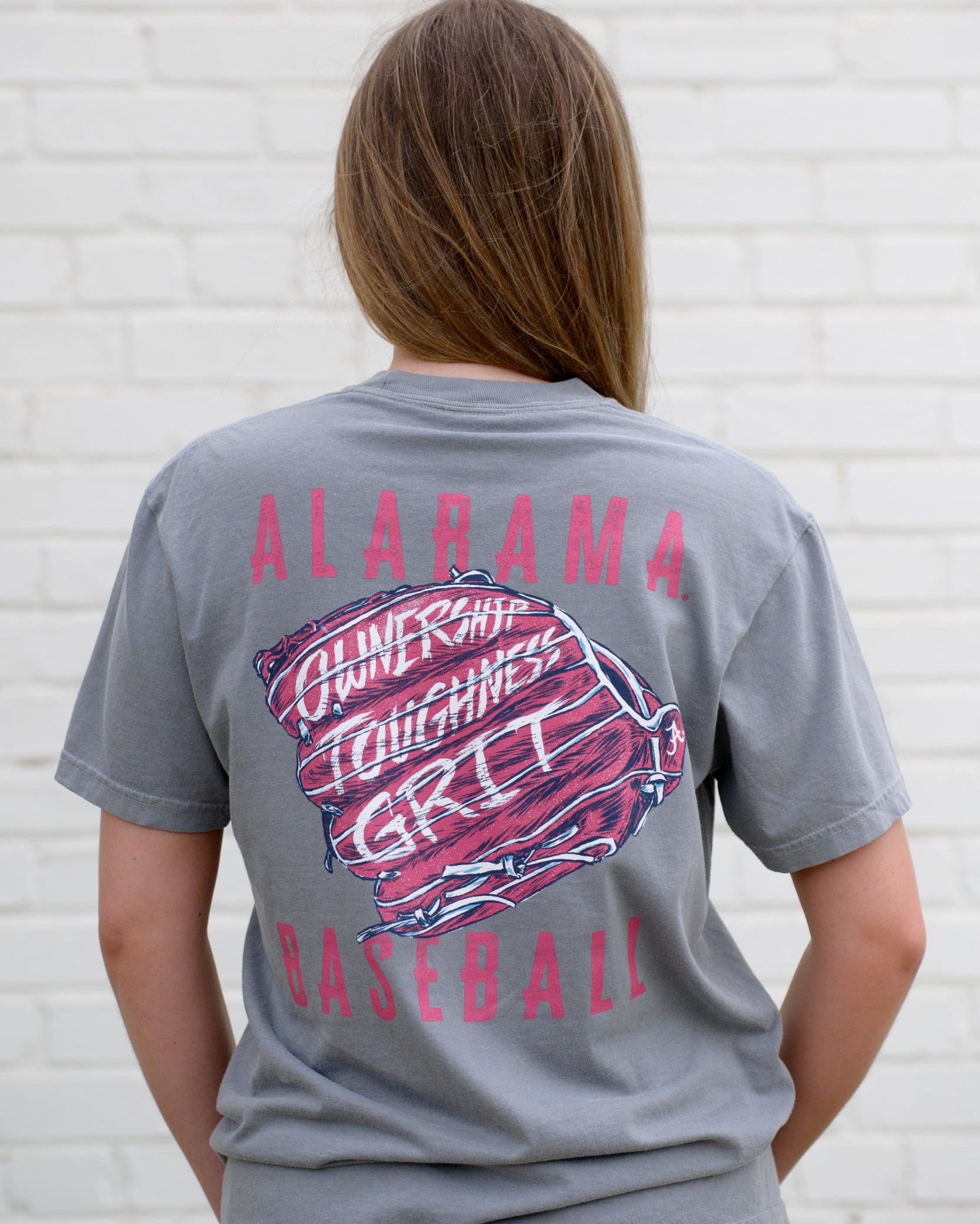 University of Alabama Grey T-Shirt with a baseball glove featuring the Alabama Baseball motto "Ownership, Toughness, Grit"