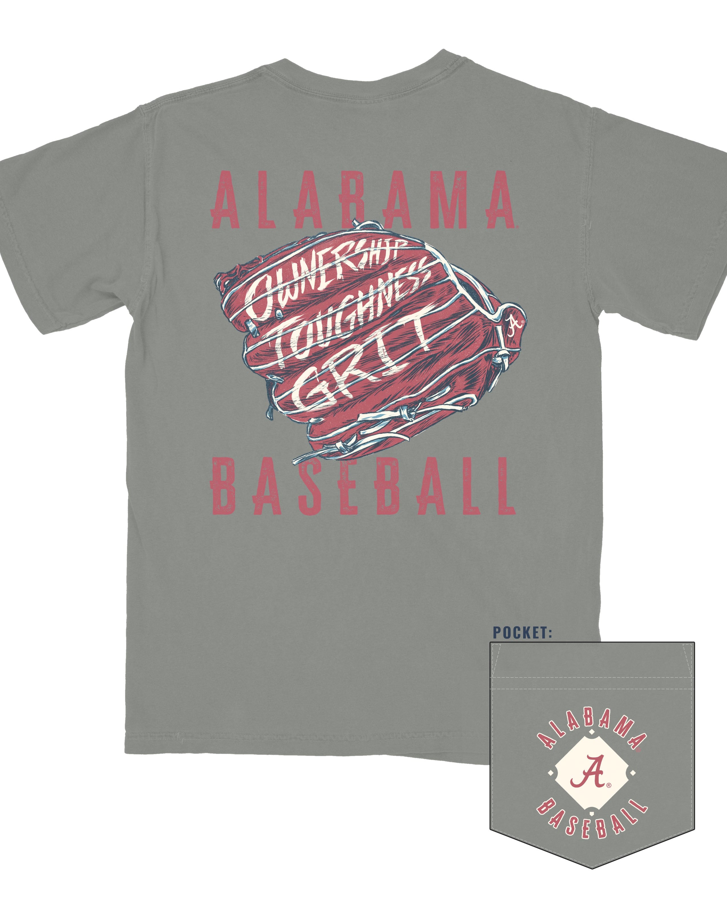 University of Alabama Grey T-Shirt with a baseball glove featuring the Alabama Baseball motto "Ownership, Toughness, Grit"