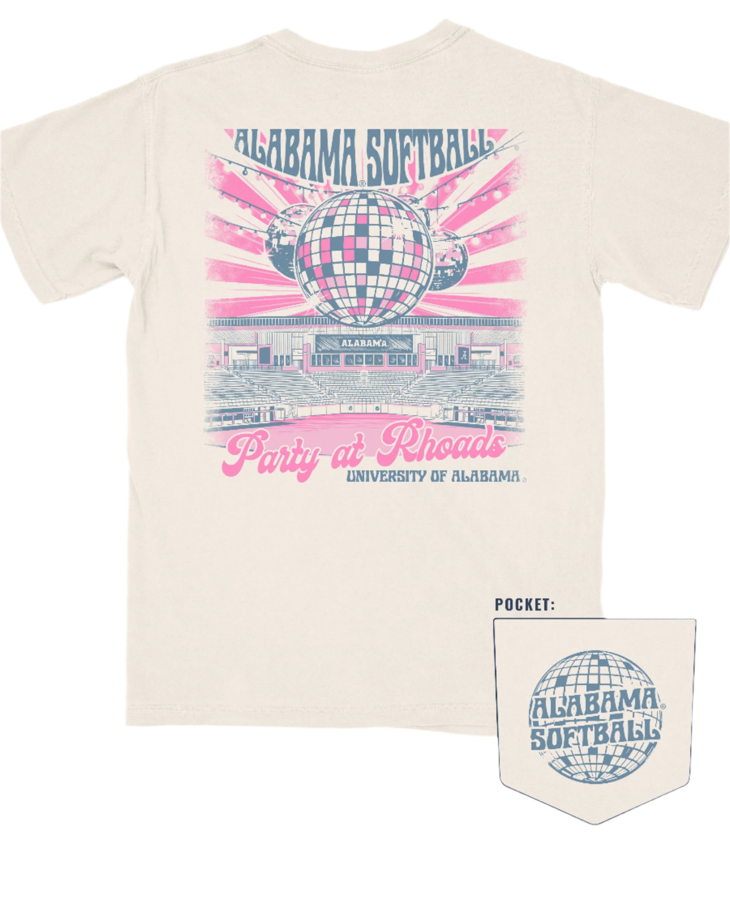 University of Alabama Ivory Ladies' T-Shirt with a hand-drawn design featuring Rhoads Stadium, disco balls, and the color pink, related to the Alabama Softball team.
